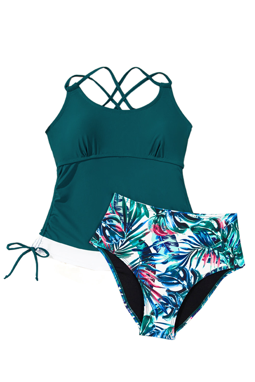 Blue Stripe Drawstring Tummy Control Mix-and-match 2pcs Tankini Swimsuit