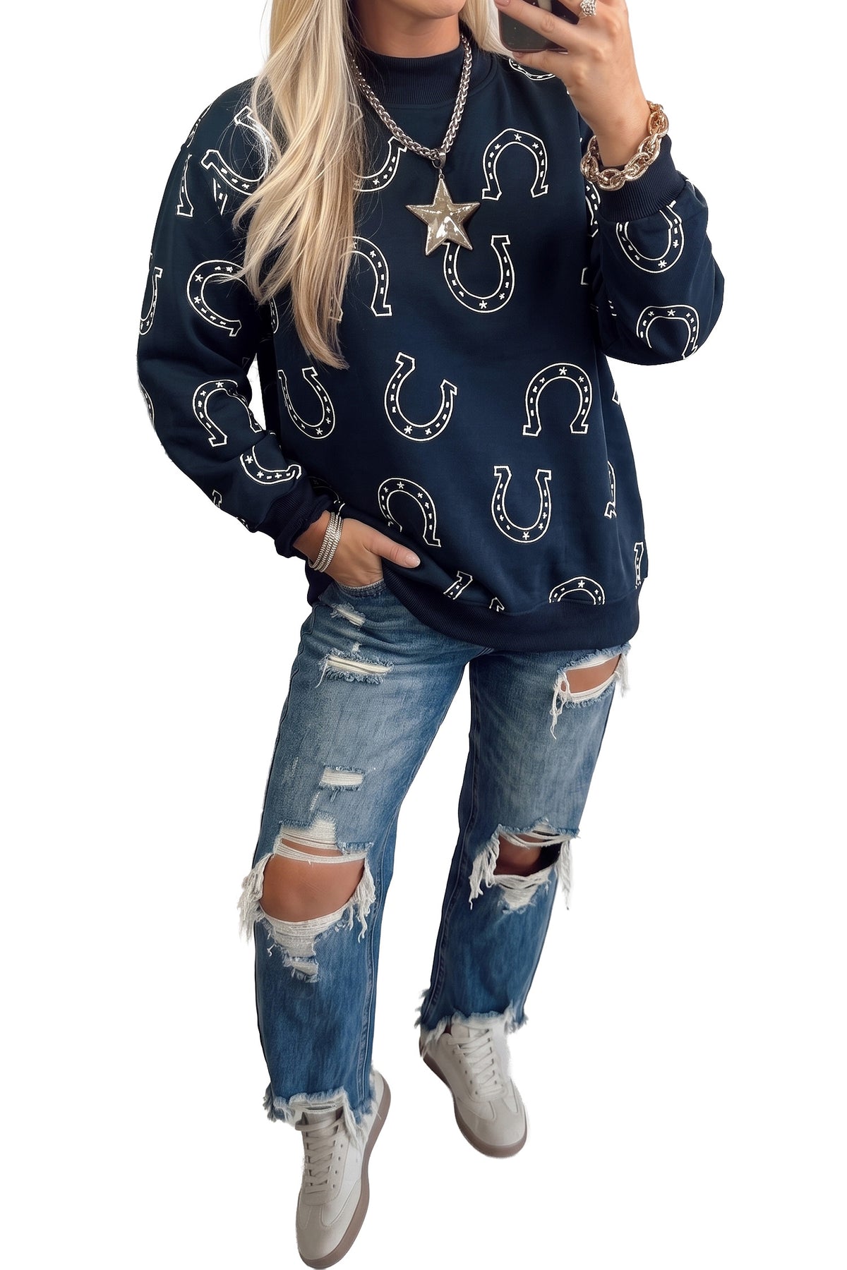 Brown Western Horseshoe Print Mock Neck Casual Pullover Sweatshirt