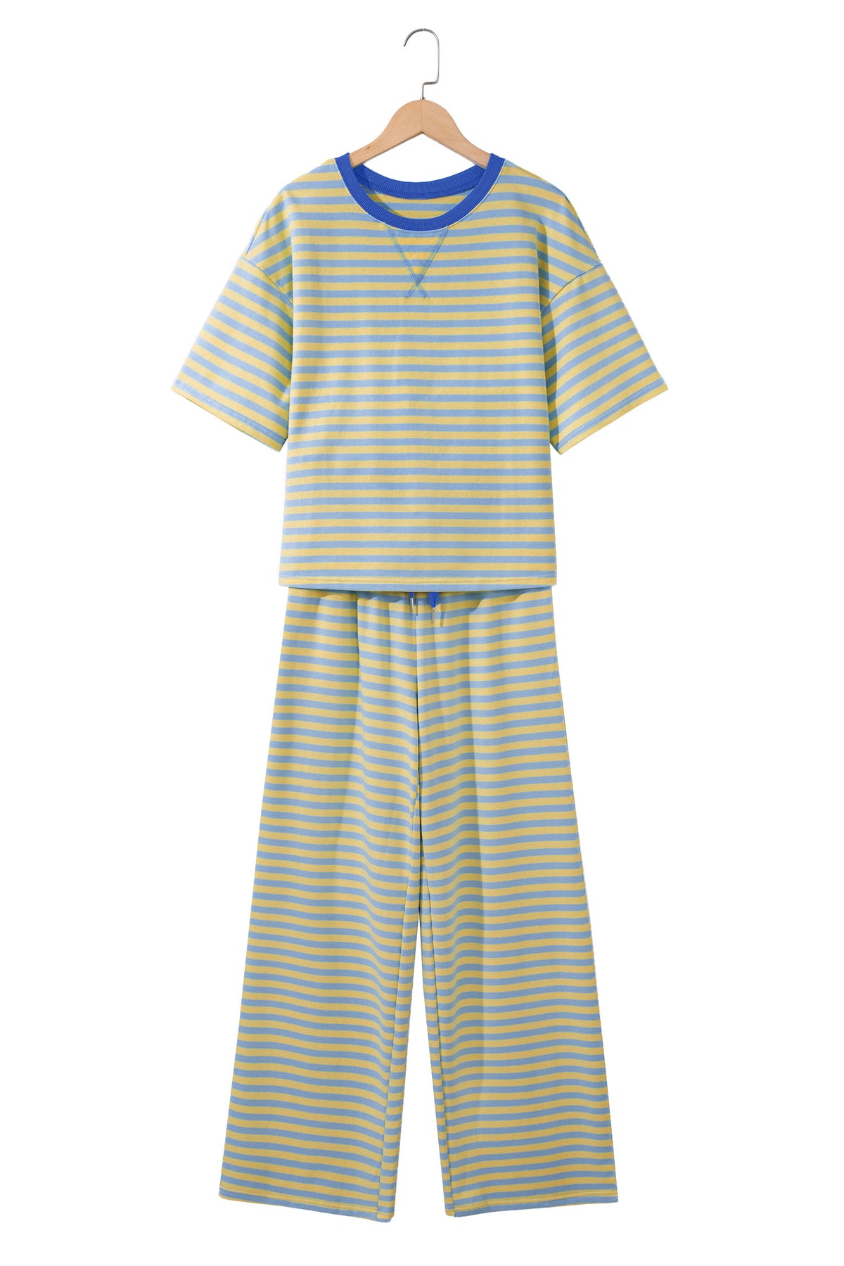 Pink Stripe Colorblock Trim Crew Neck Loose Tee Drawstring Elastic Waist 2pcs Pant Set