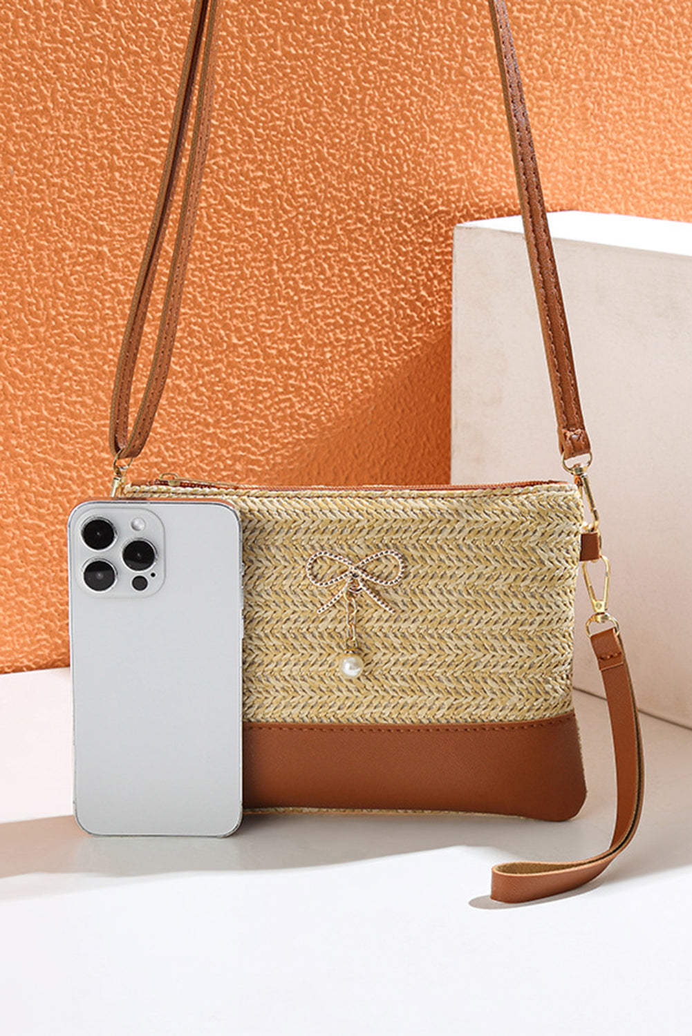 Beige Bow Pearl Decor Straw PU Leather Patched Crossbody Bag