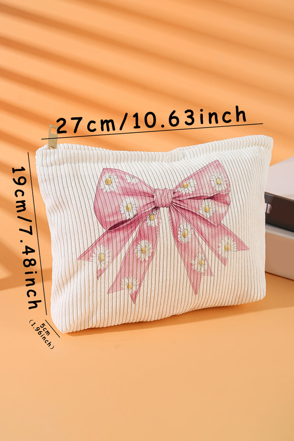 Pink Bow Knot Daisy Print Zipper Corduroy Multifunctional Bag