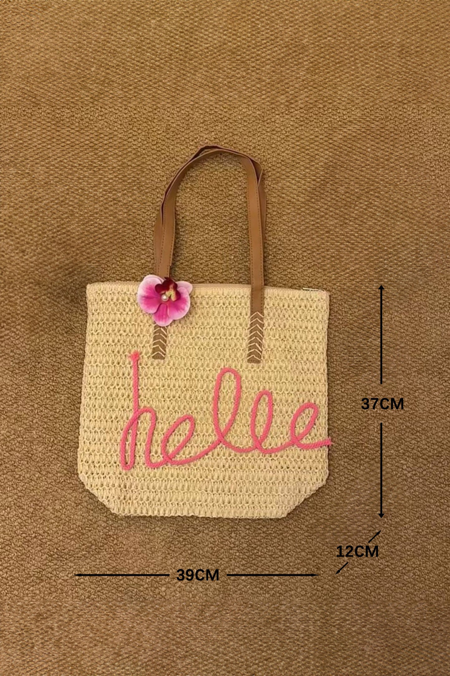 Khaki Hello Boho Handwoven Floral Accent Travel Tote Bag