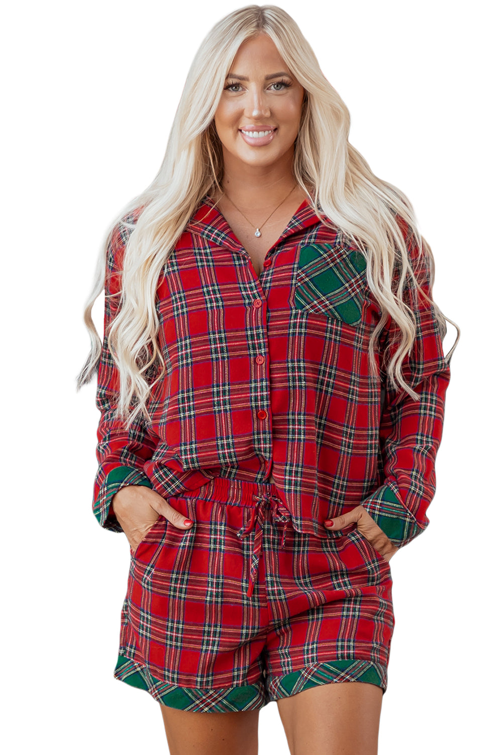 Red Plaid Contrast Patched Christmas Holiday Long Sleeve Shirt and Short 2pcs Pajama Set