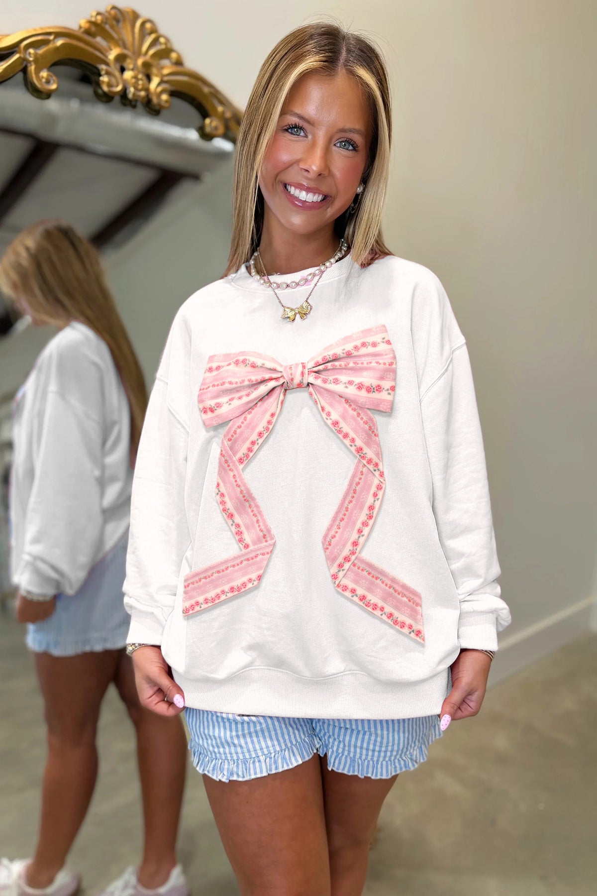Pink Floral Bow Decoration Drop Shoulder Long Sleeve Top