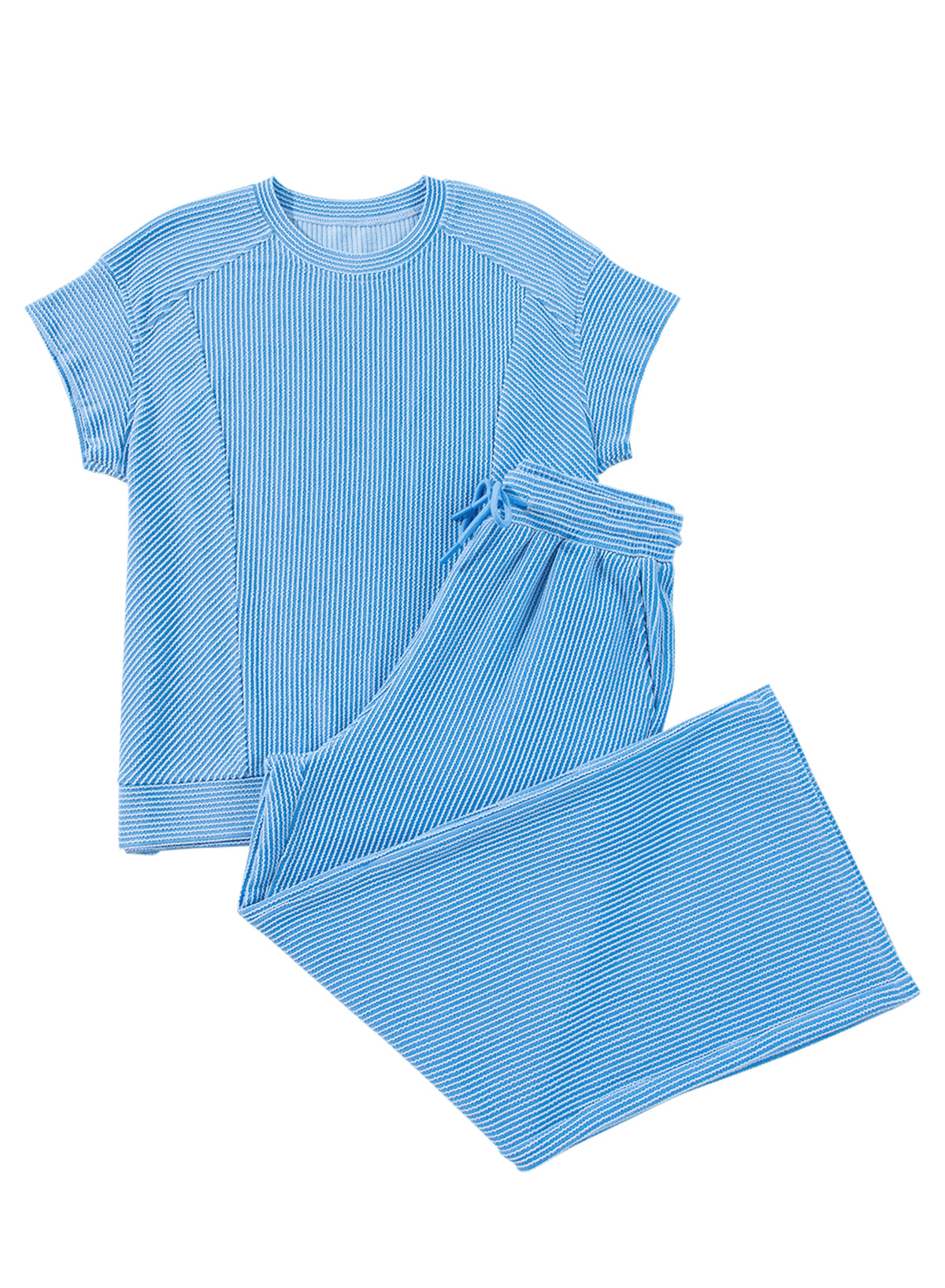 Blue Solid Corded Knit Short Sleeve T Shirt and Wide Leg Pants Set