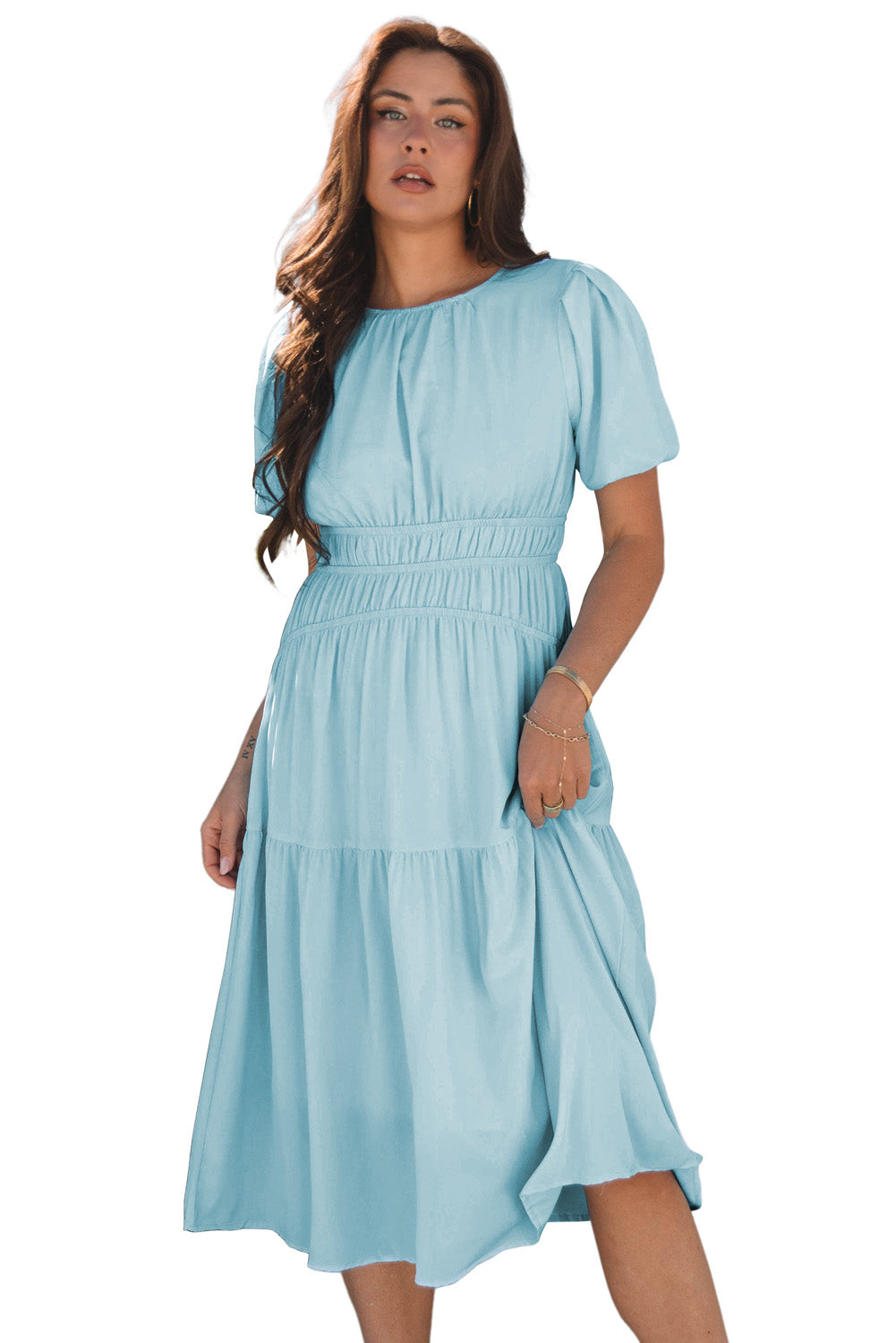 Pink Puff Sleeve Pleated High Waist Flowy Long Dress