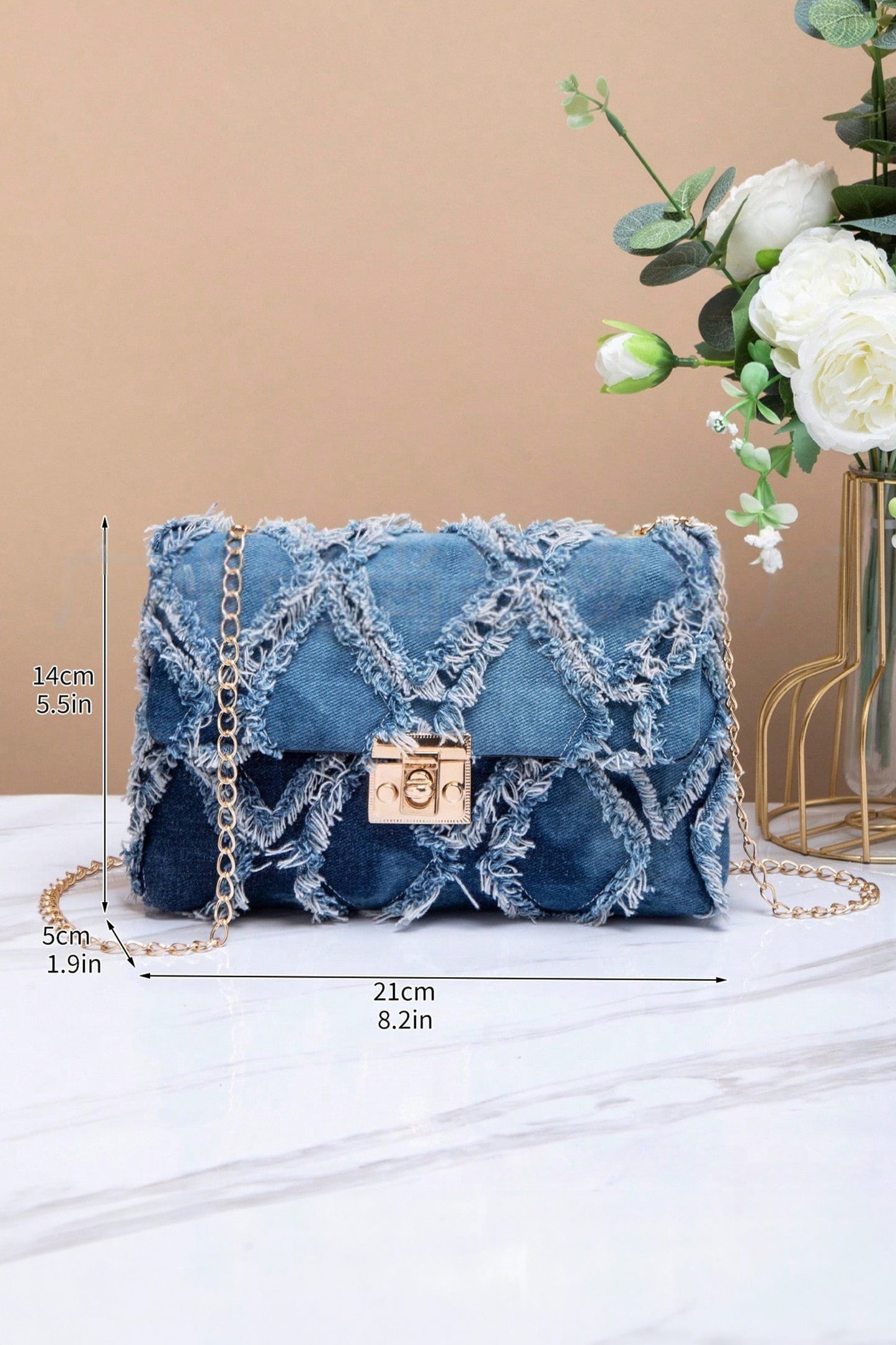 Blue Distressed Lattice Denim Chain Strap Shoulder Bag
