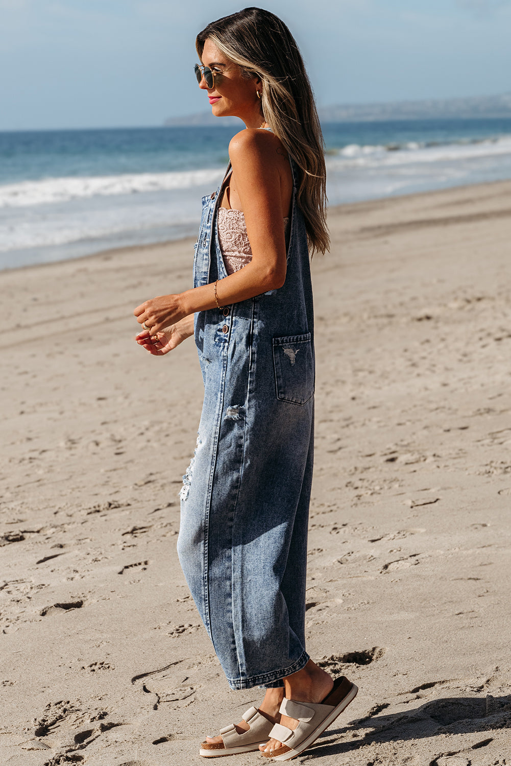 Black Distressed Bib Pocket Wide Leg Denim Overall