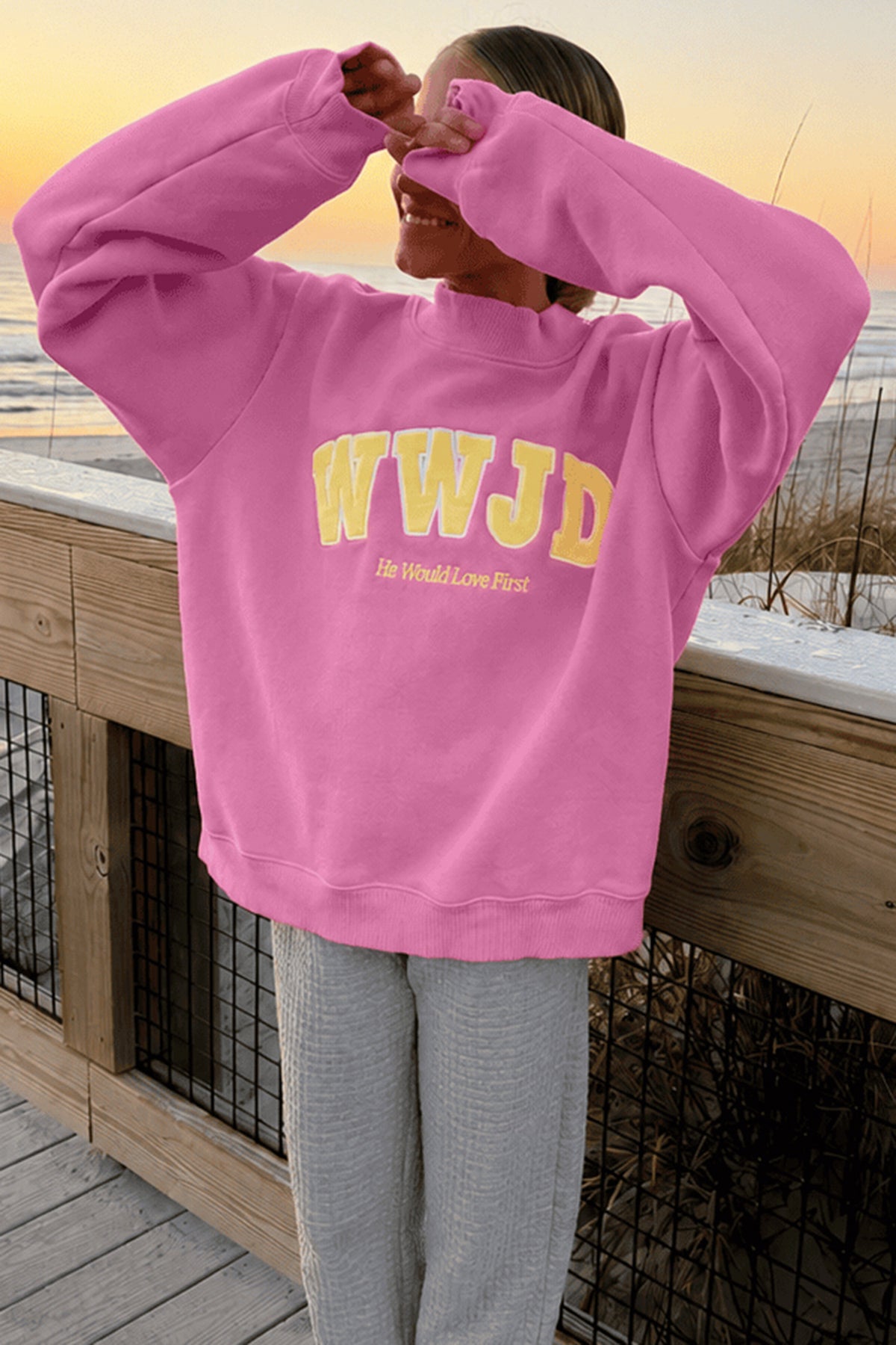 Yellow WWJD Embroidered Trim Slogan Graphic Mock Pullover Sweatshirt