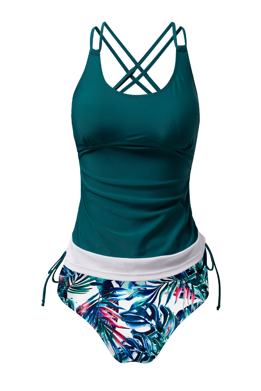 Blue Stripe Drawstring Tummy Control Mix-and-match 2pcs Tankini Swimsuit