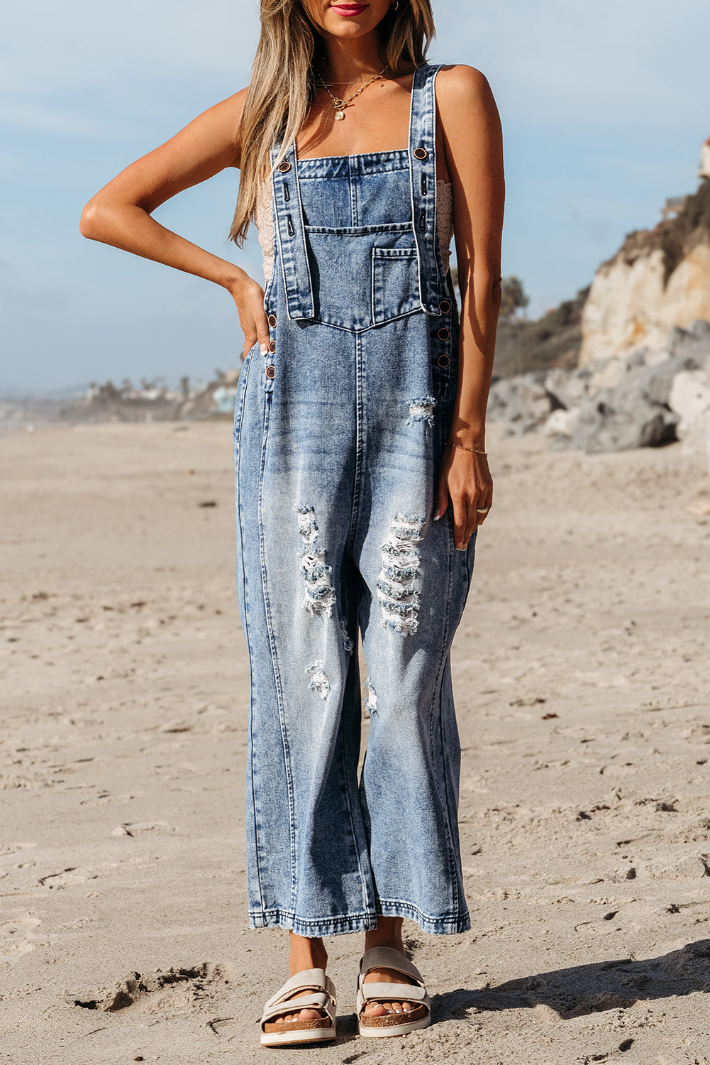 Black Distressed Bib Pocket Wide Leg Denim Overall