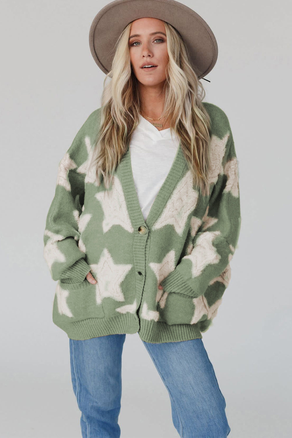 Green Sherpa Star Pattern Textured Sweater Cardigan with Pockets