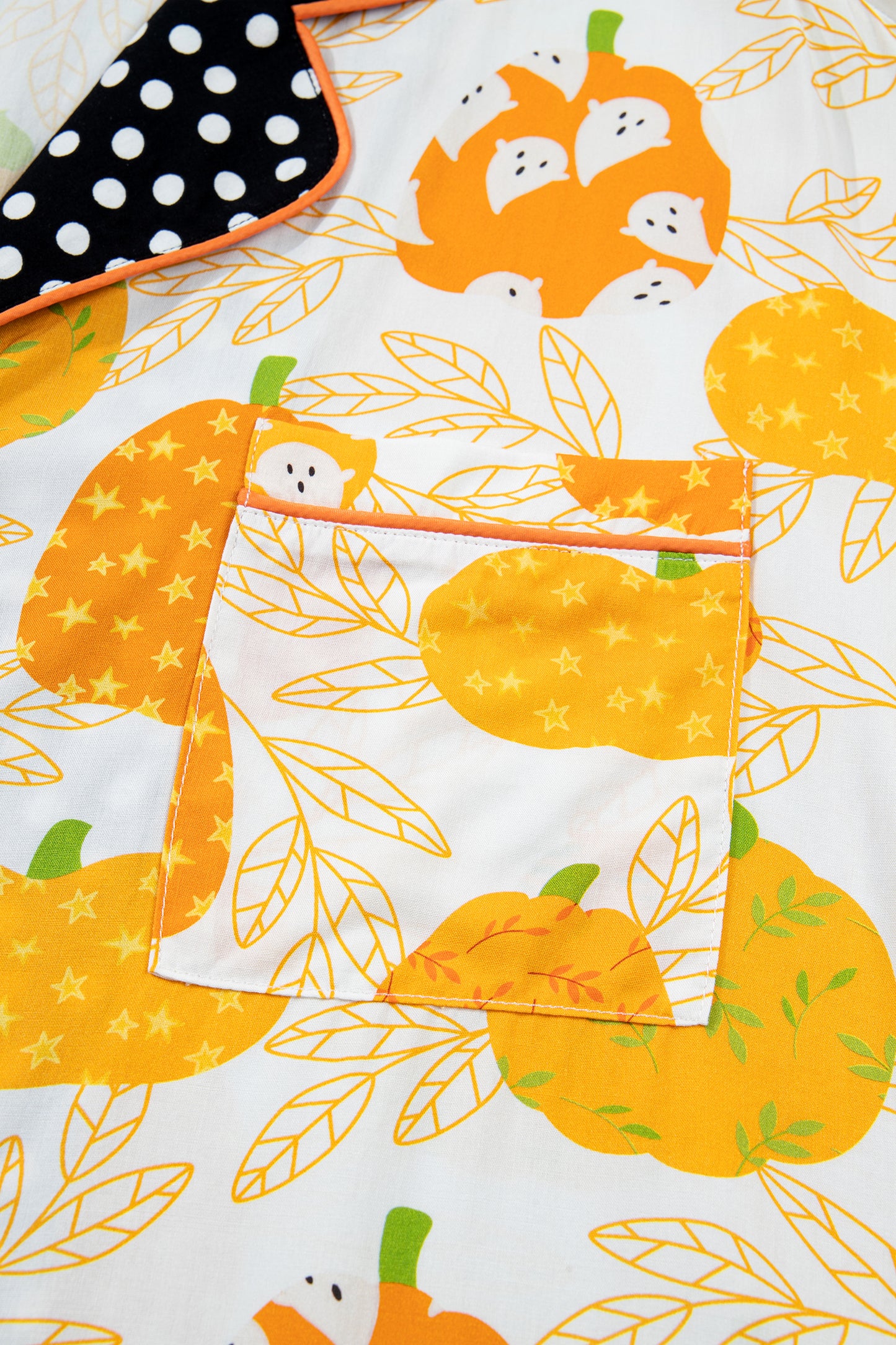 Orange Short Sleeve Pumpkin Print Polka Dot Trim Pocket Pocket Placket Home Wear Lounge Set