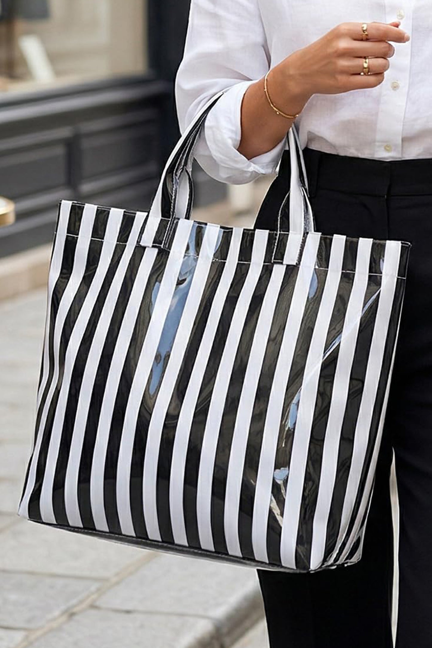Blackish Green Glossy Striped Vinyl Large Tote Bag (Color Varied)