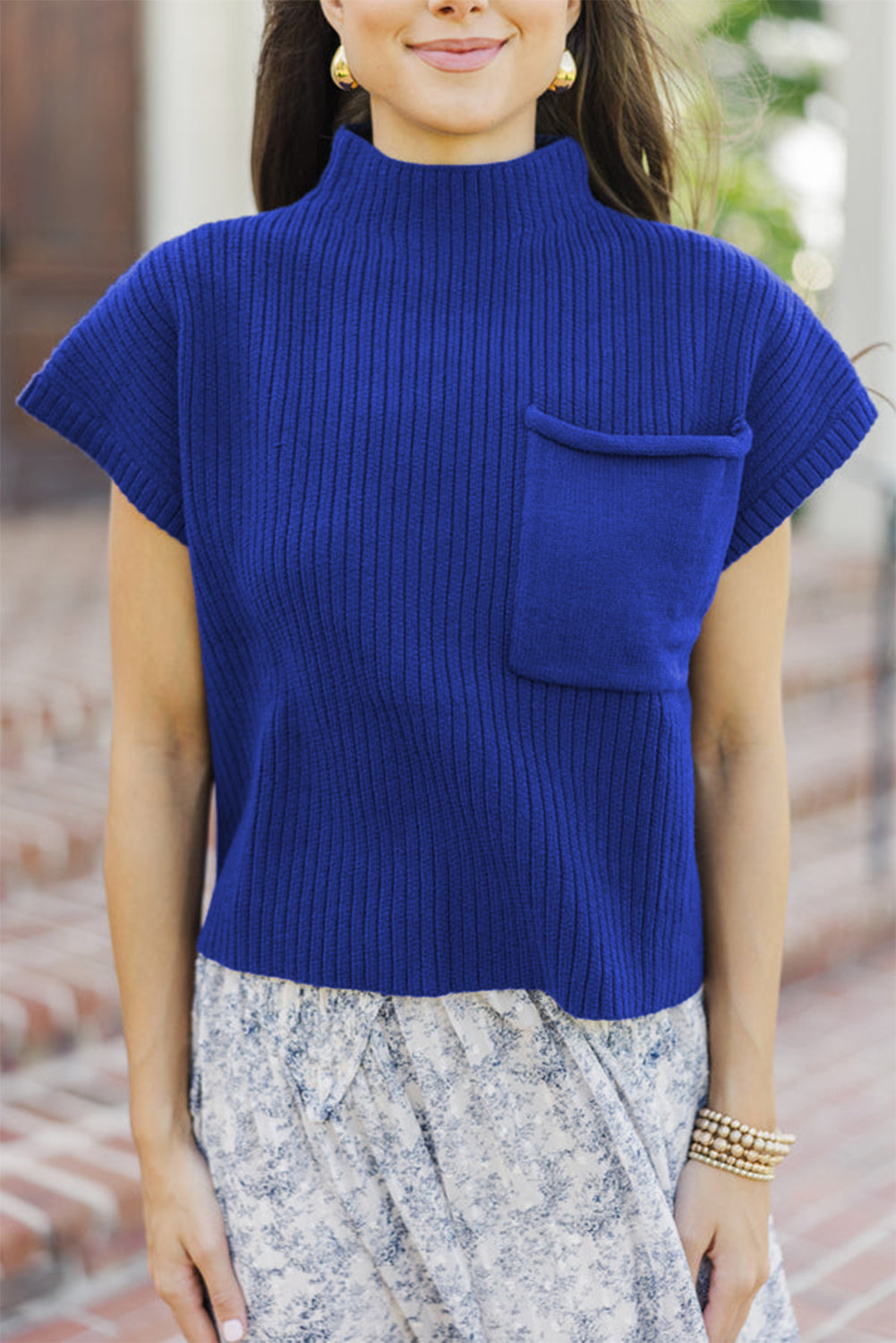 Rose Red Patch Pocket Ribbed Knit Short Sleeve Sweater
