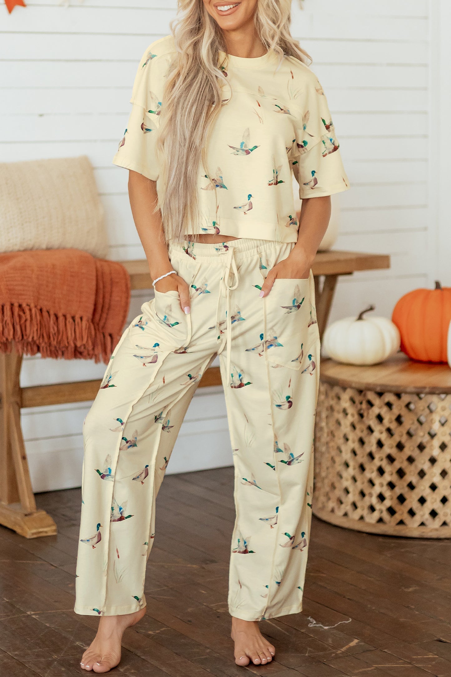 Beige Duck Print Short Sleeve Top Pocket Pants 2pcs Casual Set