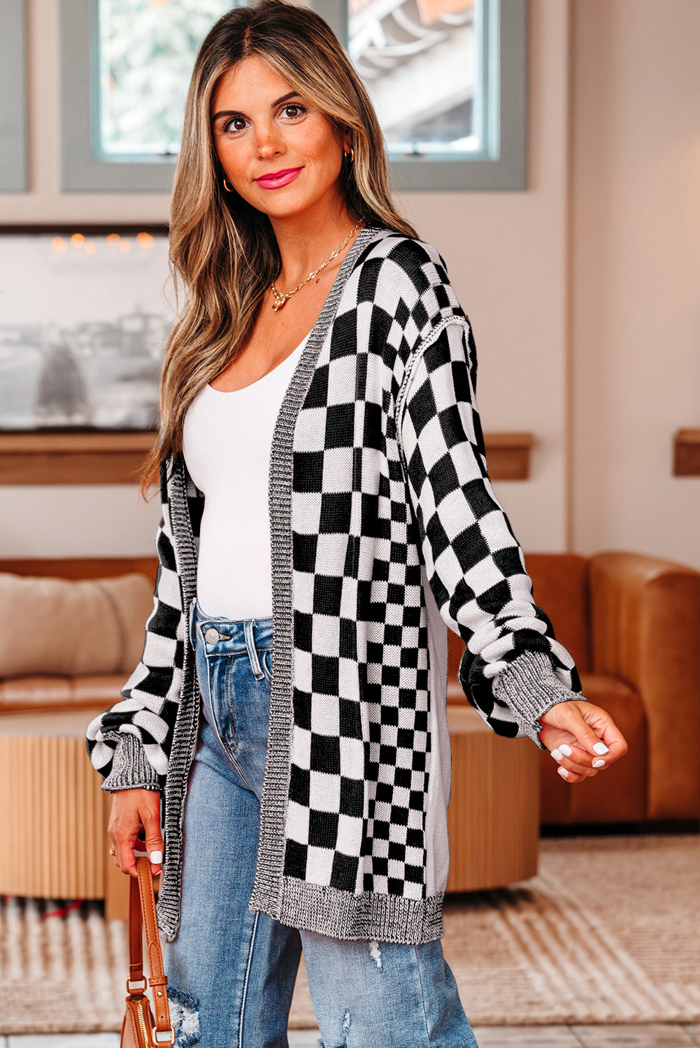 Brown Checkered Open Front Drop Shoulder Cardigan