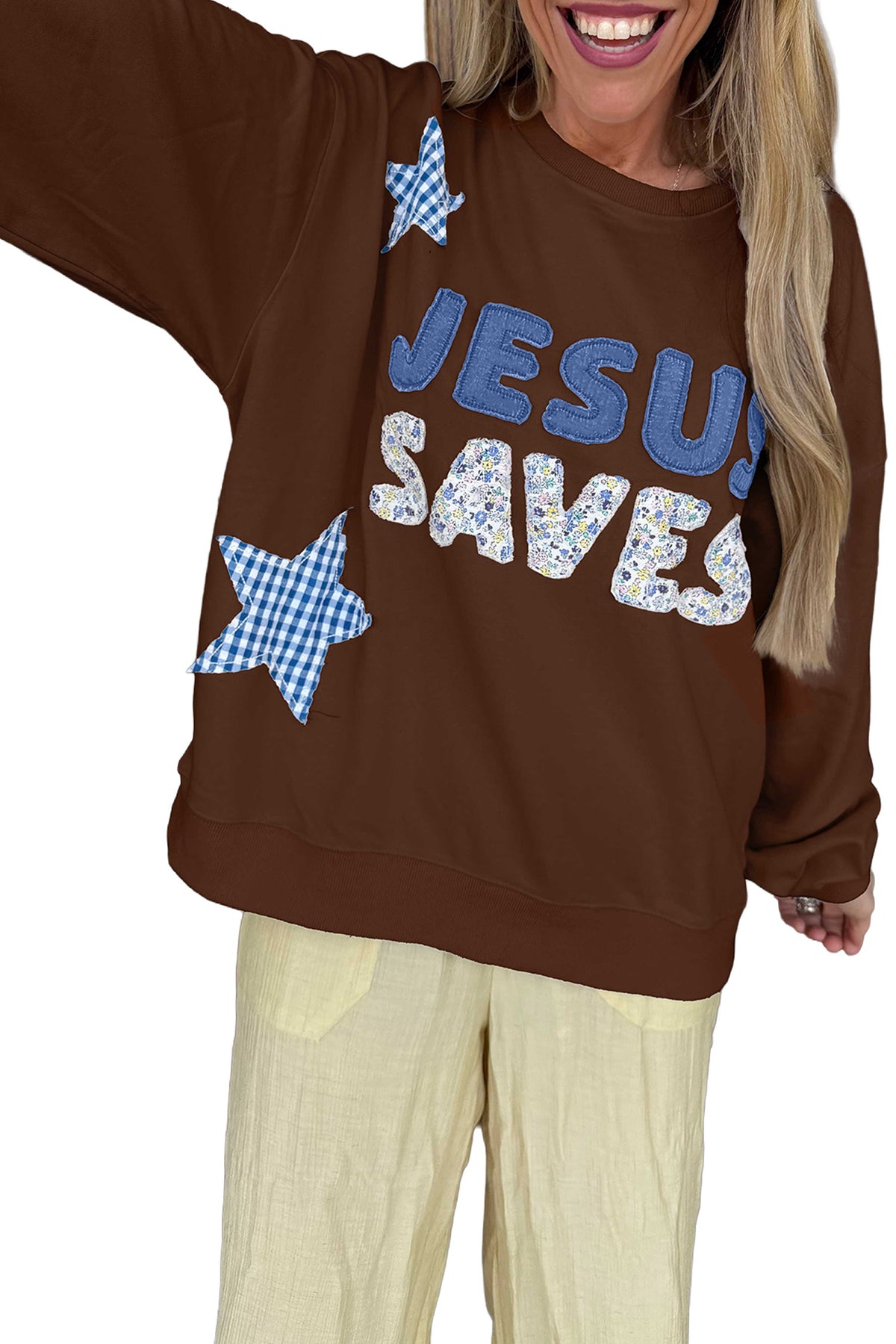 White Patchwork Stars Plaid Unique Floral Letters Baggy Sweatshirt