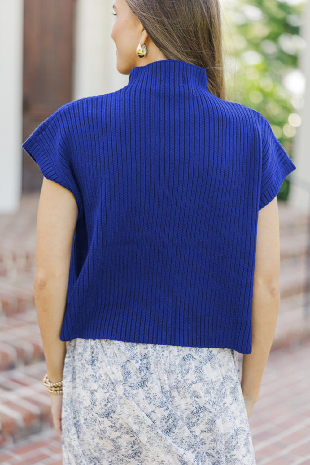 Rose Red Patch Pocket Ribbed Knit Short Sleeve Sweater