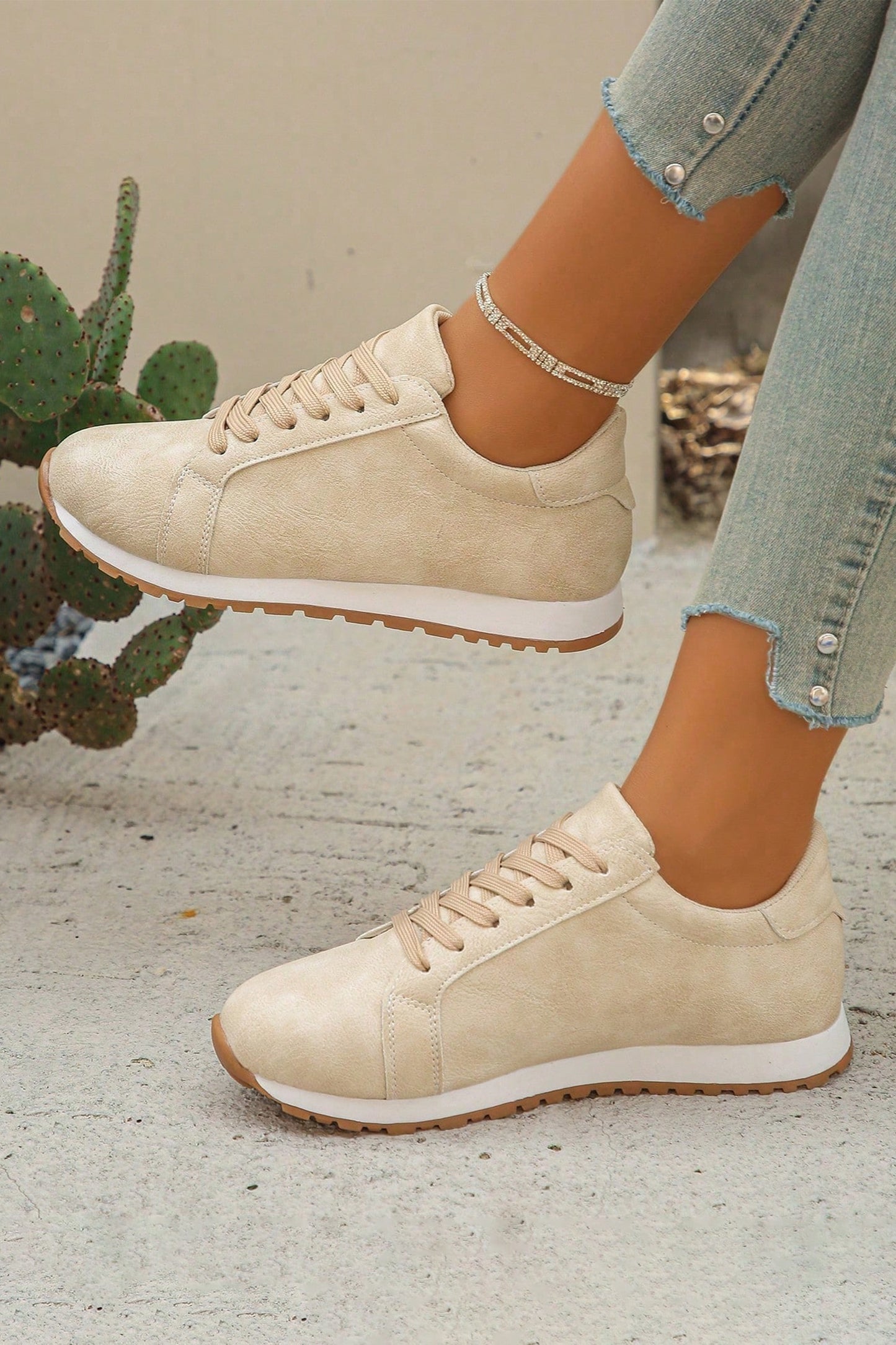 Beige Solid Color Faux Suede Lace-up Sneakers