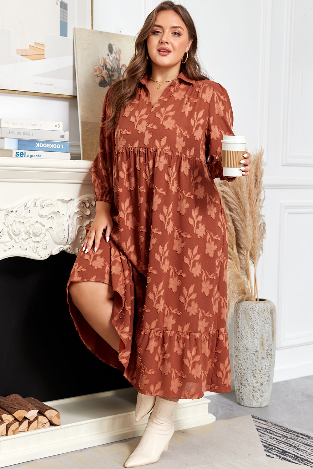 Cinnamon Plus Size Textured 3D Flower Pattern Ruffle Hem 3/4 Sleeve Long Dress