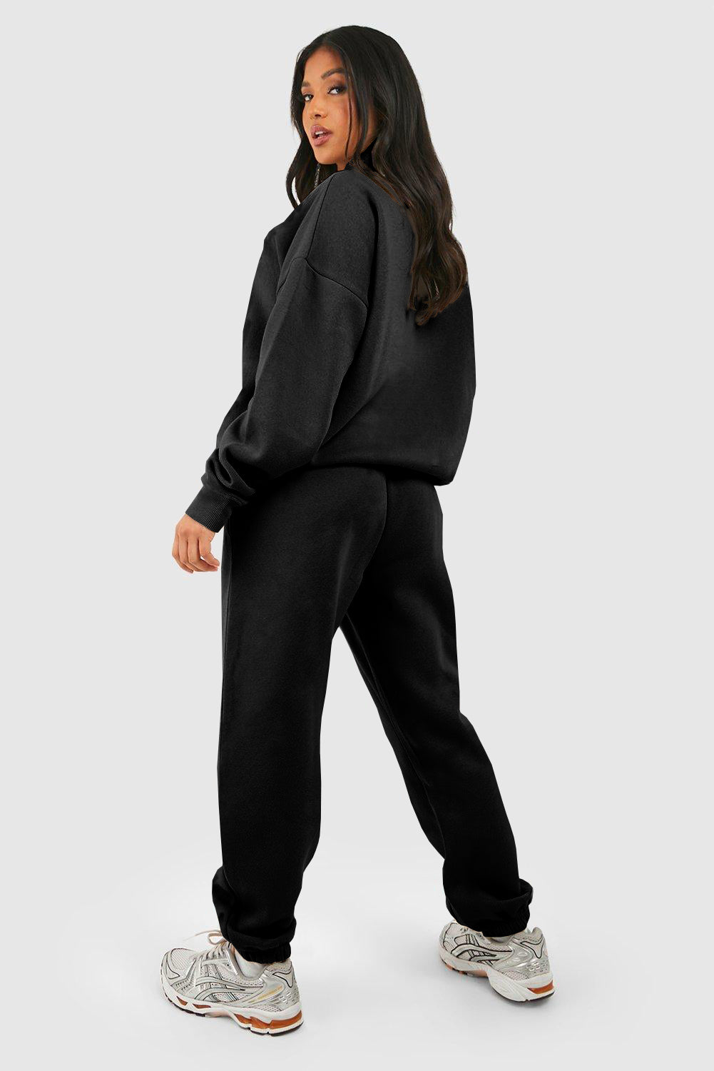 Black Plain Half Zip V Neck Ribbed Edge Loose Tracksuit