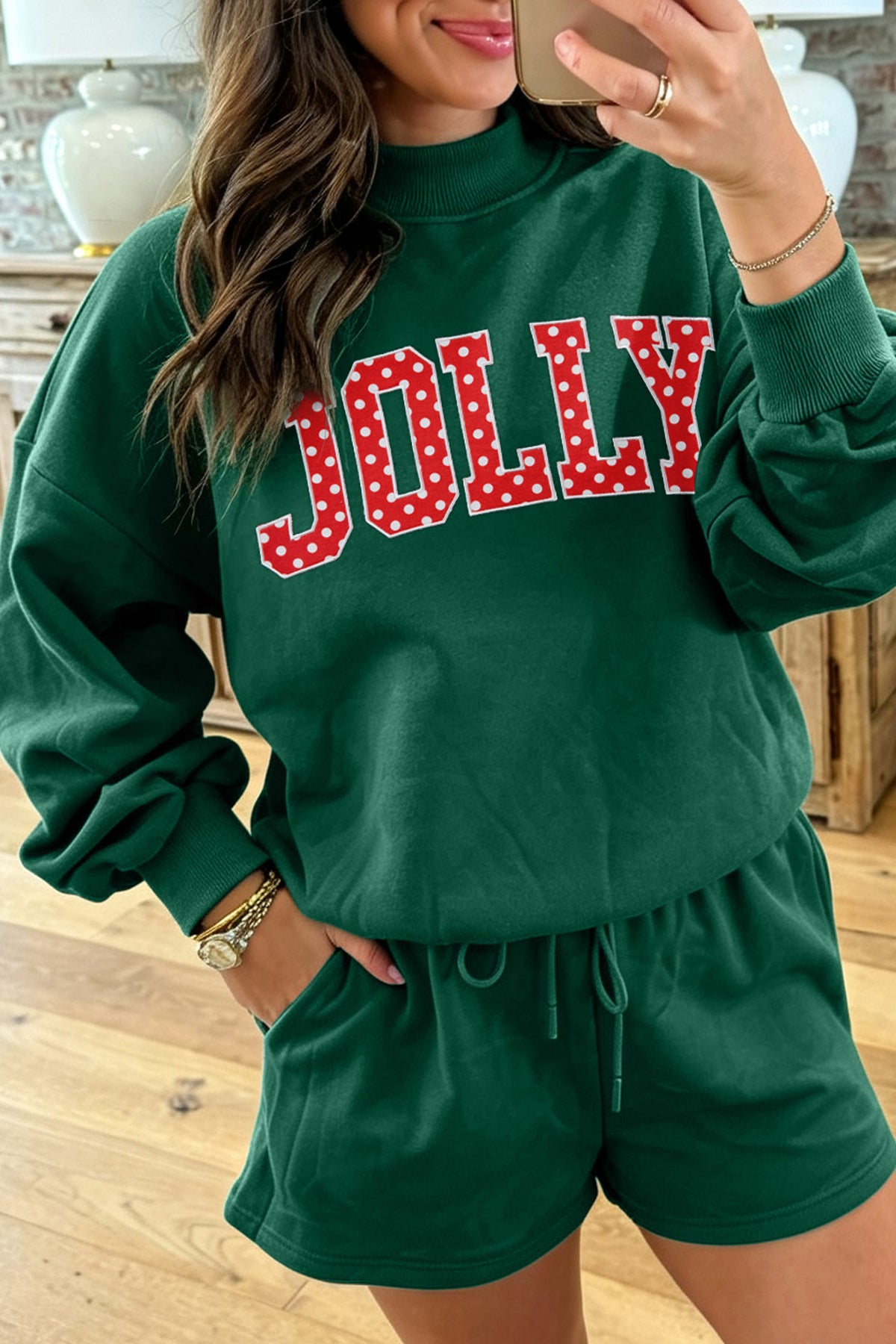 Red Christian Slogan Print Mock Neck Pullover and Shorts Set