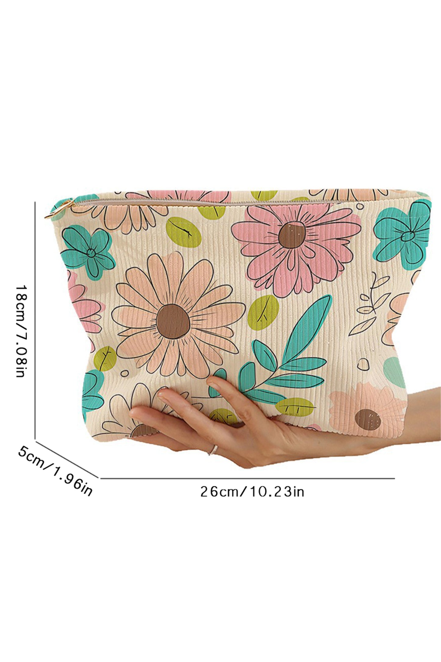 White Floral Print Corduroy Makeup Bag