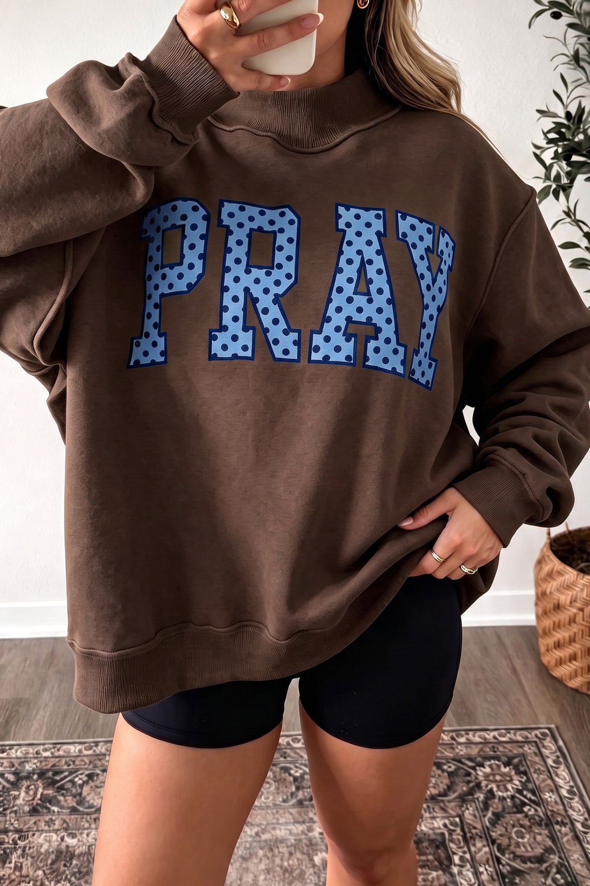 Orange PRAY Plaid Embroidered Mock Neck Sweatshirt