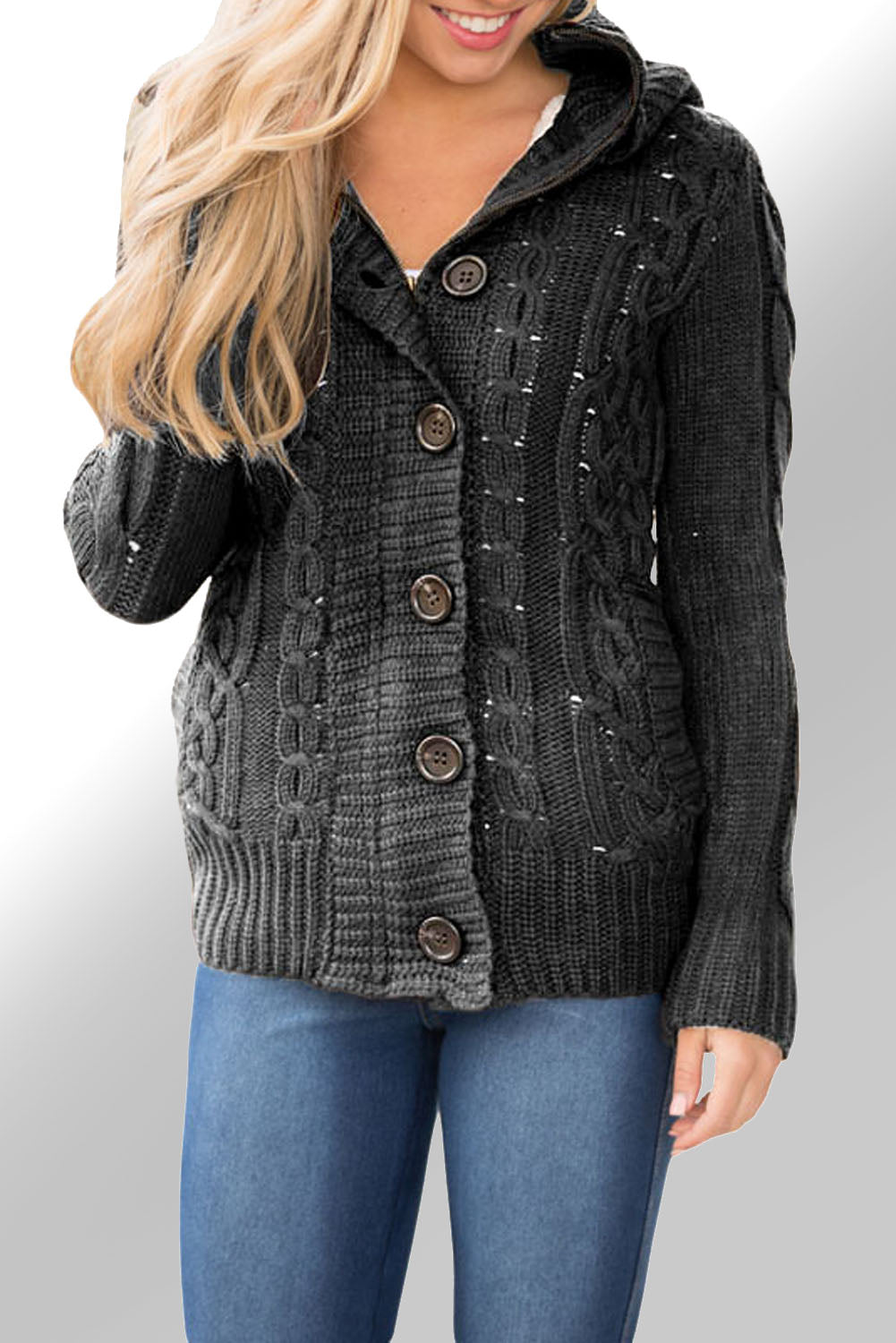 Black Long Sleeve Button-up Hooded Cardigans