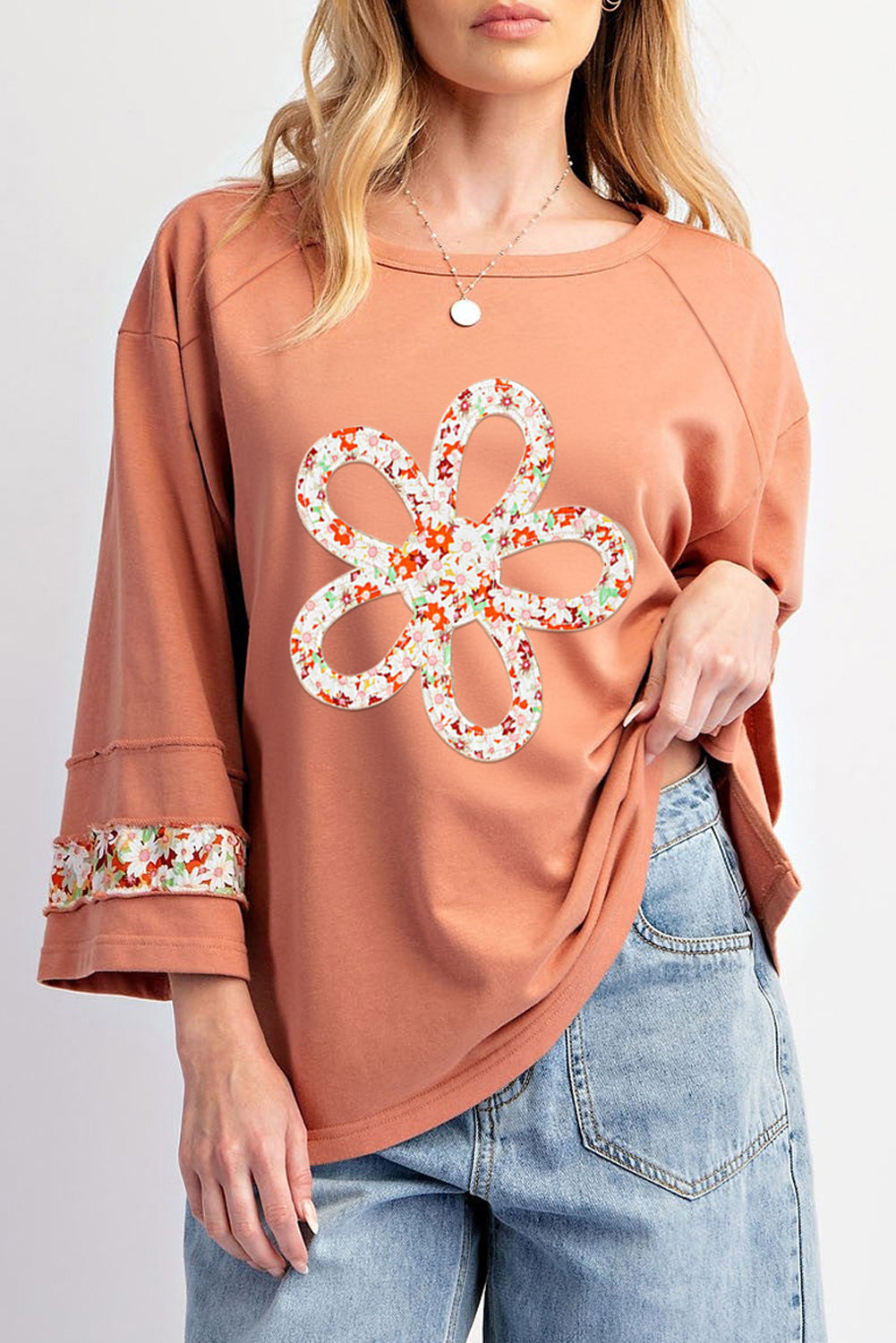 Beige Flower Patch Graphic Exposed Seam Wide Sleeve Top