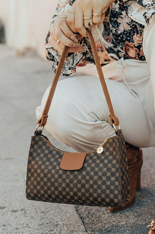 Coffee Luxury Inspired Print PU Leather Shoulder Bag