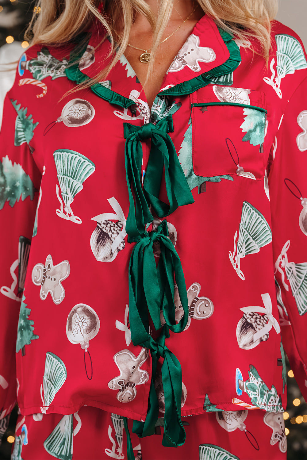 Red Christmas Fashion Print Contrast Ruffle Trim Ribbon Bow Knot 2pcs Pajama Set