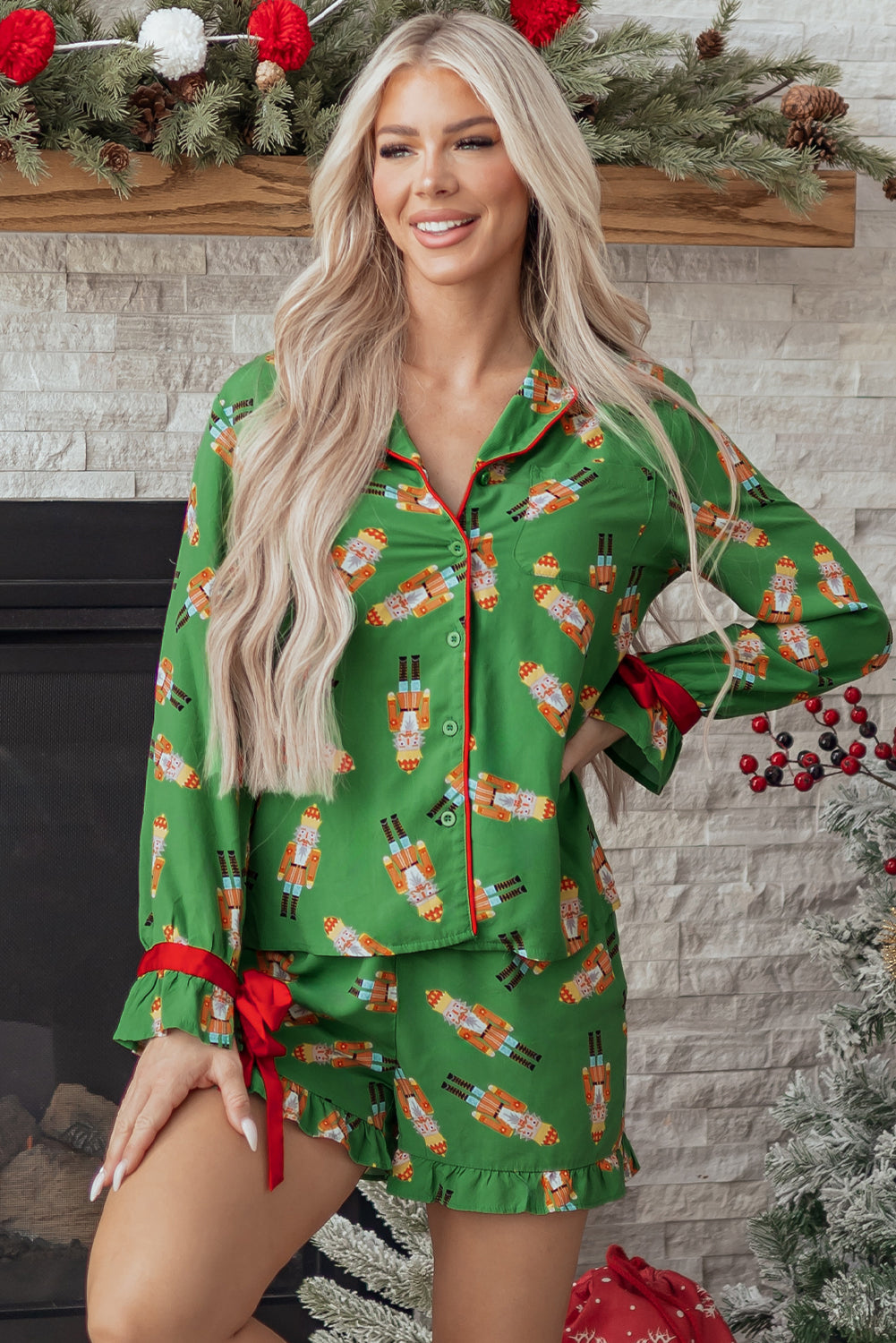 Pink Christmas Candy Contrast Trim Bow Knot Silky 2pcs Pajama Set