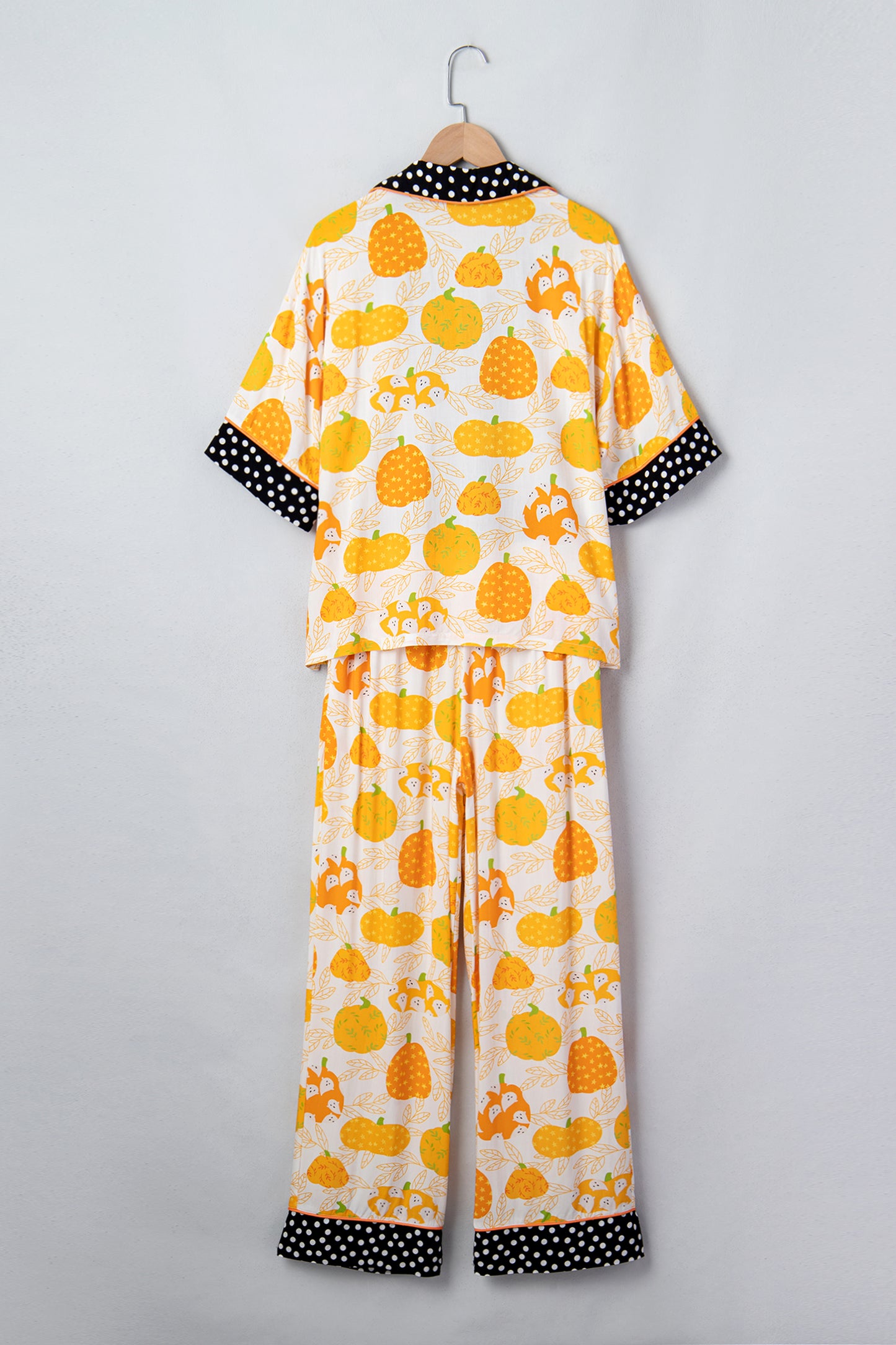 Orange Short Sleeve Pumpkin Print Polka Dot Trim Pocket Pocket Placket Home Wear Lounge Set