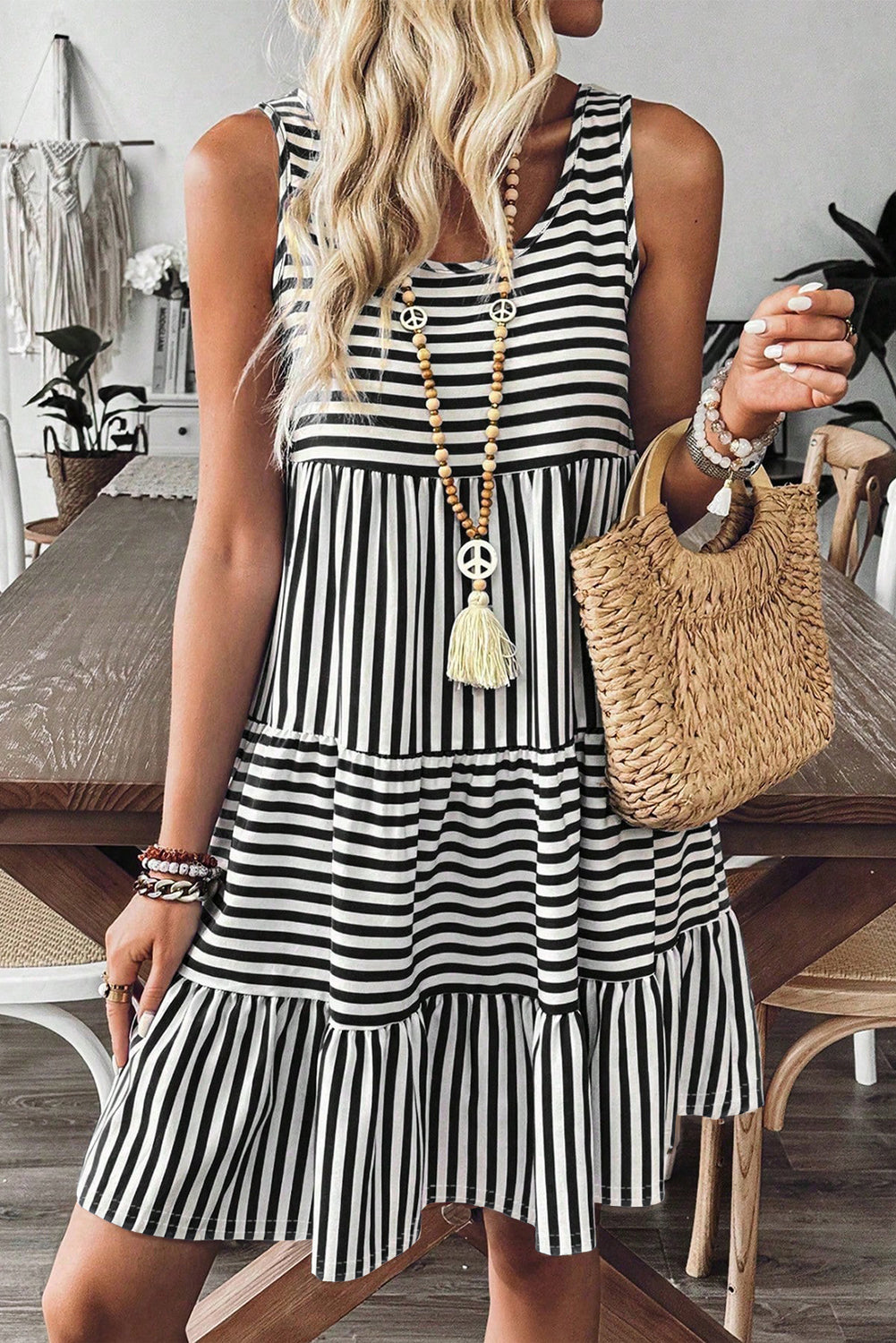 Rose Stripe U Neck Sleeveless Loose Fit Mini Dress