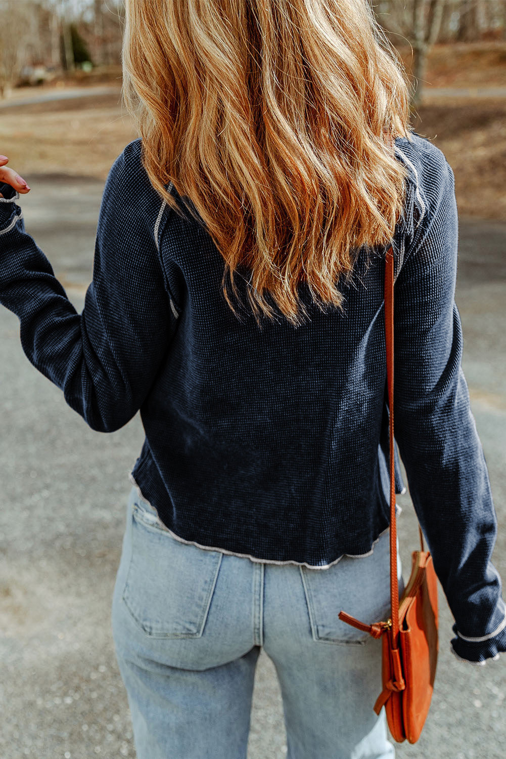 Brown Textured Round Neck Long Sleeve Top