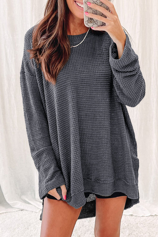 Green Waffle Knit High Slits Oversized Top