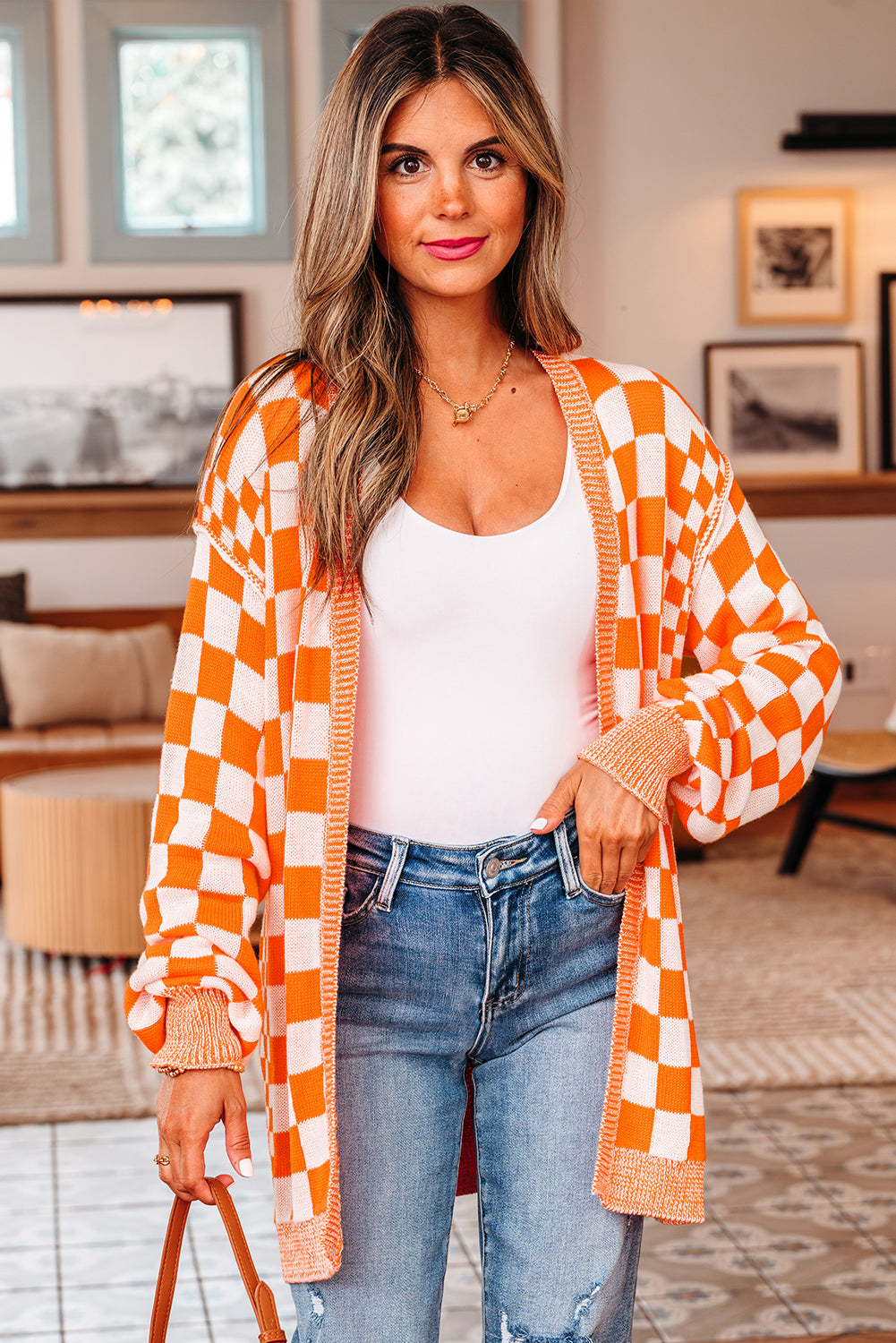 Brown Checkered Open Front Drop Shoulder Cardigan