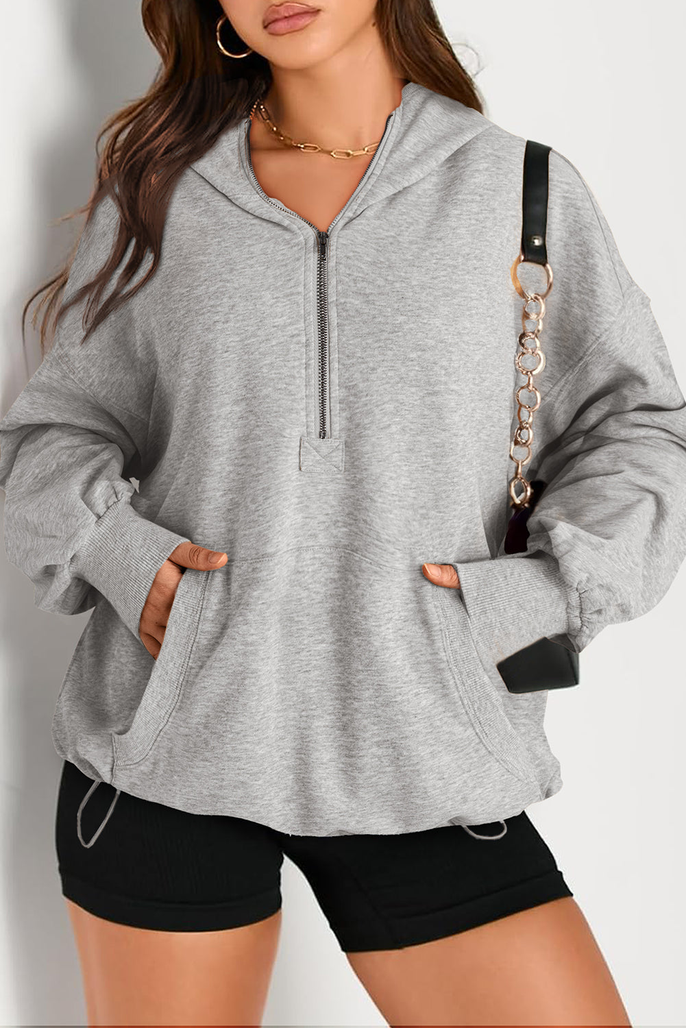 Valerian Solid Kangaroo Pocket Half Zipper Oversized Hoodie