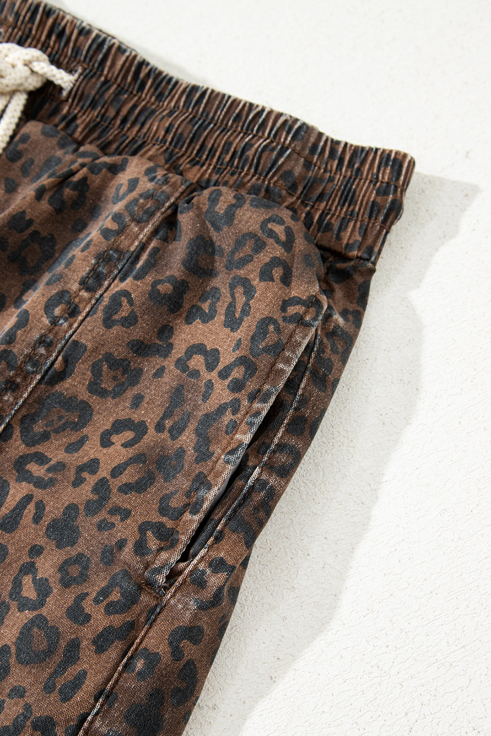 Brown Leopard Print Elastic Waist Drawstring Denim Skort