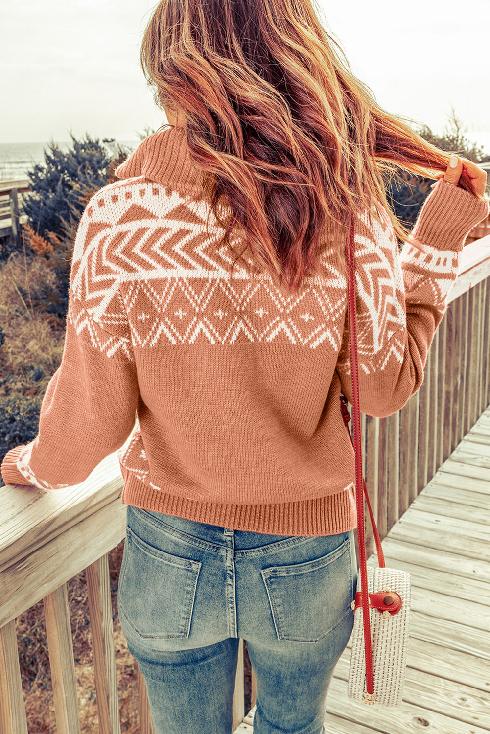 White Geometry Knit Quarter Zip Sweater