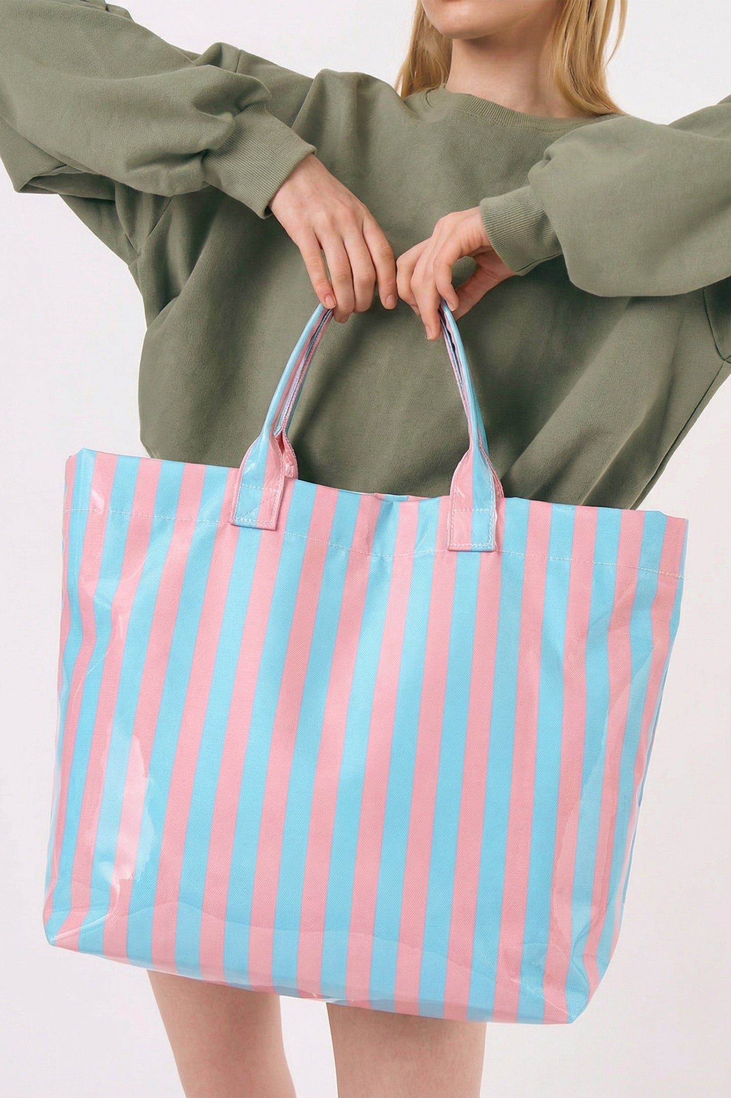 Blackish Green Glossy Striped Vinyl Large Tote Bag (Color Varied)