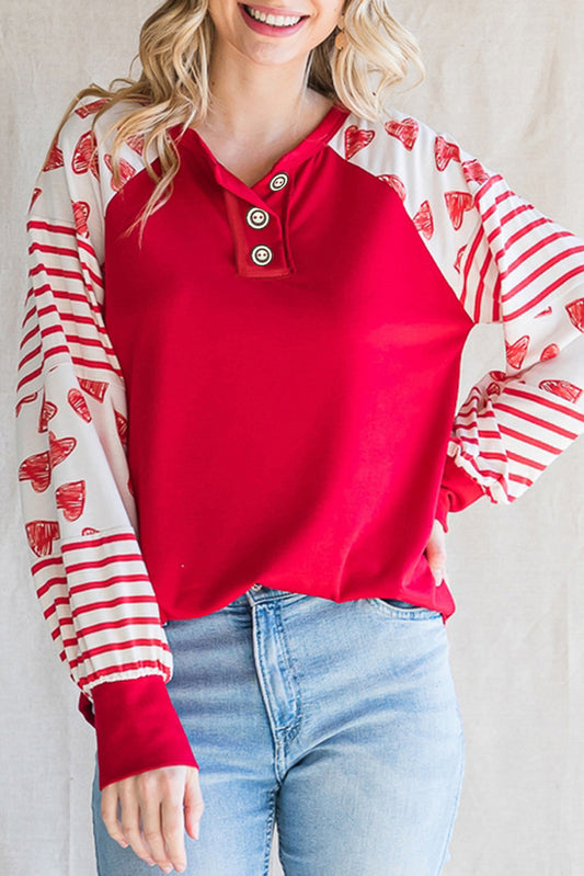 Fiery Red Heart Striped Raglan Sleeve Henley Top