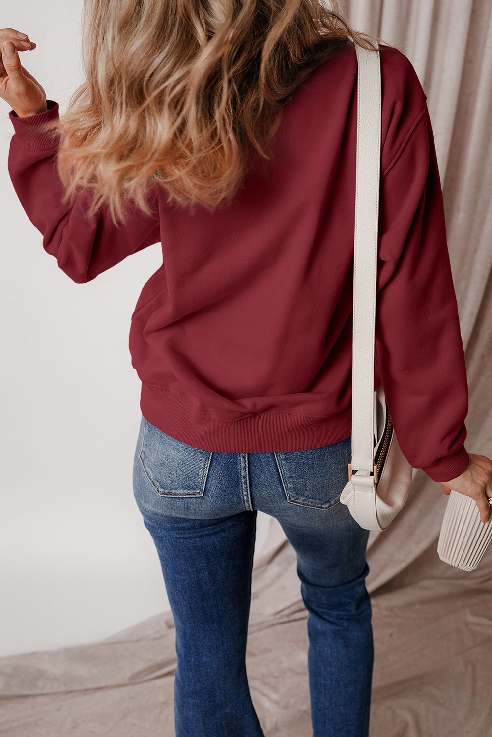 Burgundy Solid Fleece Lined Drop Shoulder Terry Sweatshirt