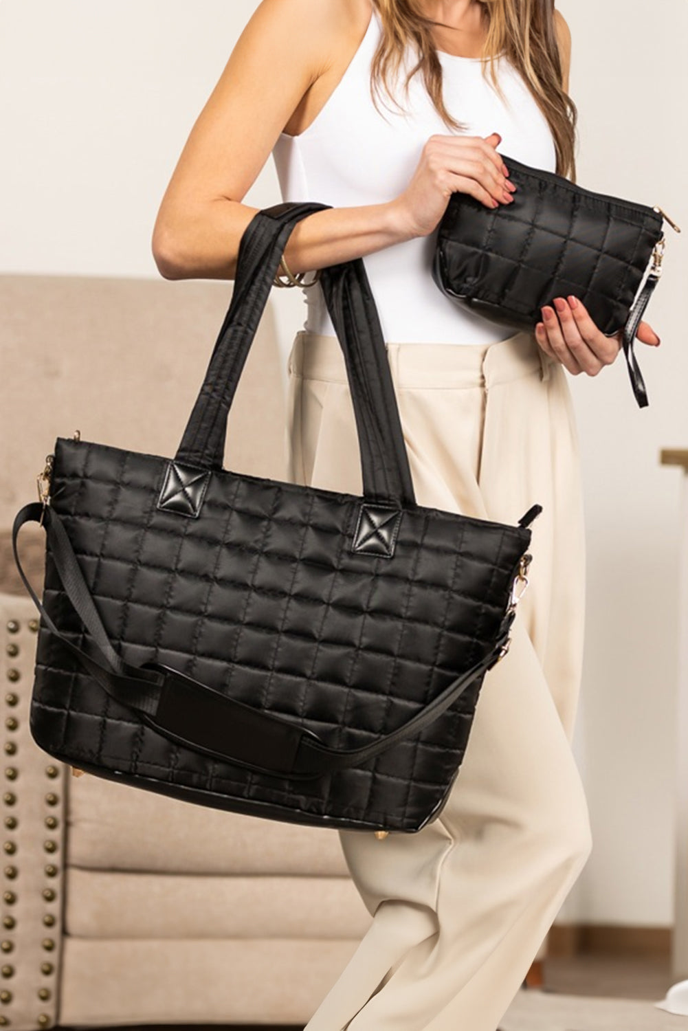 White Quilted Patchwork Large Tote Bag and Clutch 2pcs Set