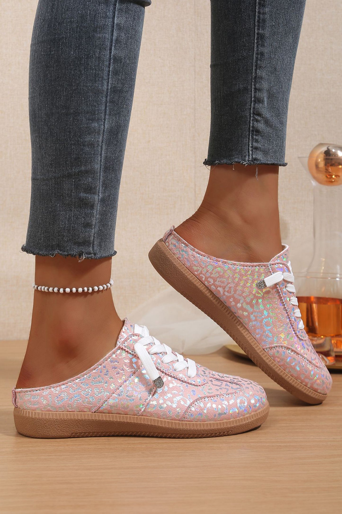 White Shiny Leopard Print Lace up Slip On Shoes