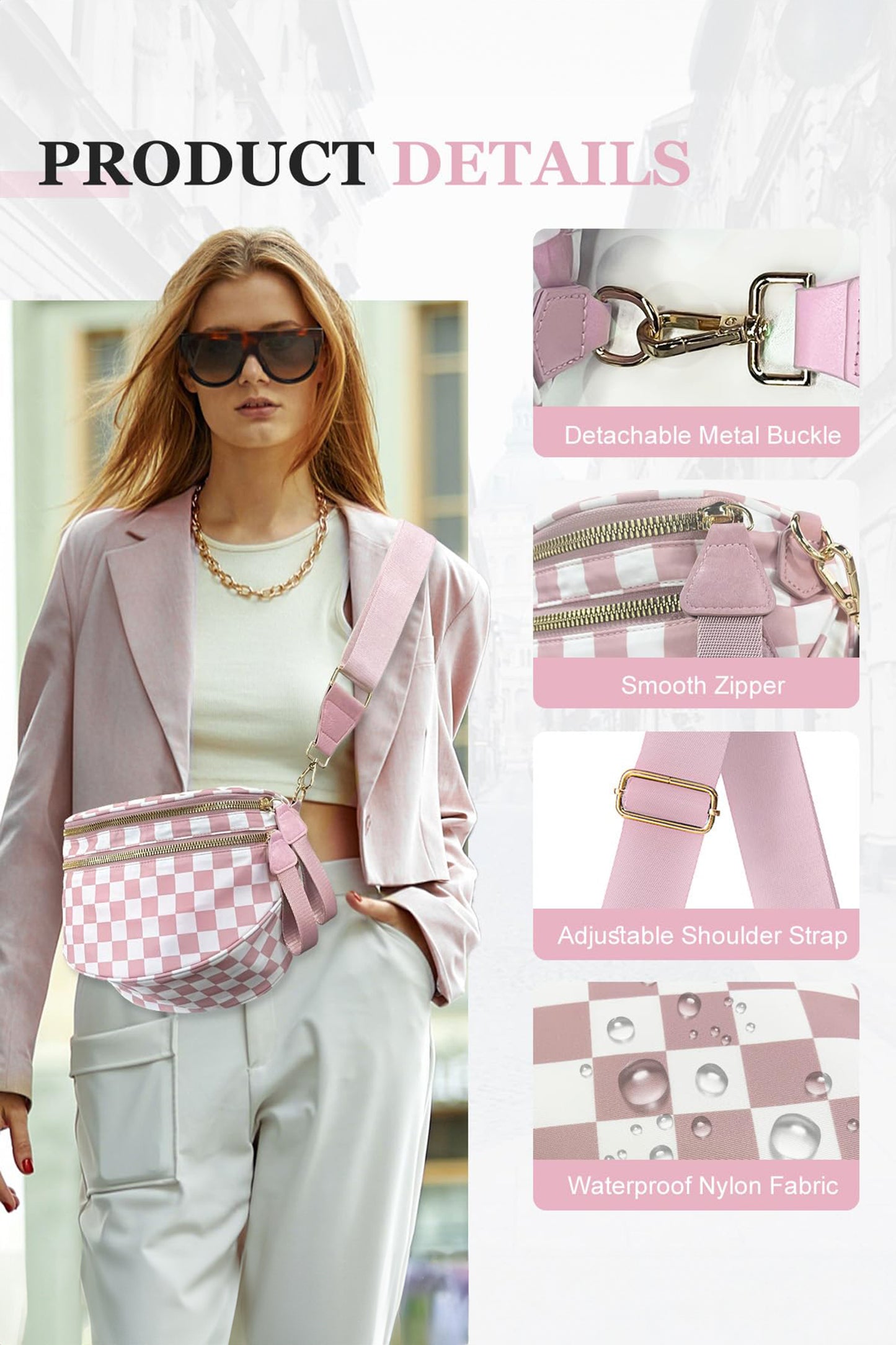 Bright Pink Checkered Print Wide Strap Large Crossbody Bag