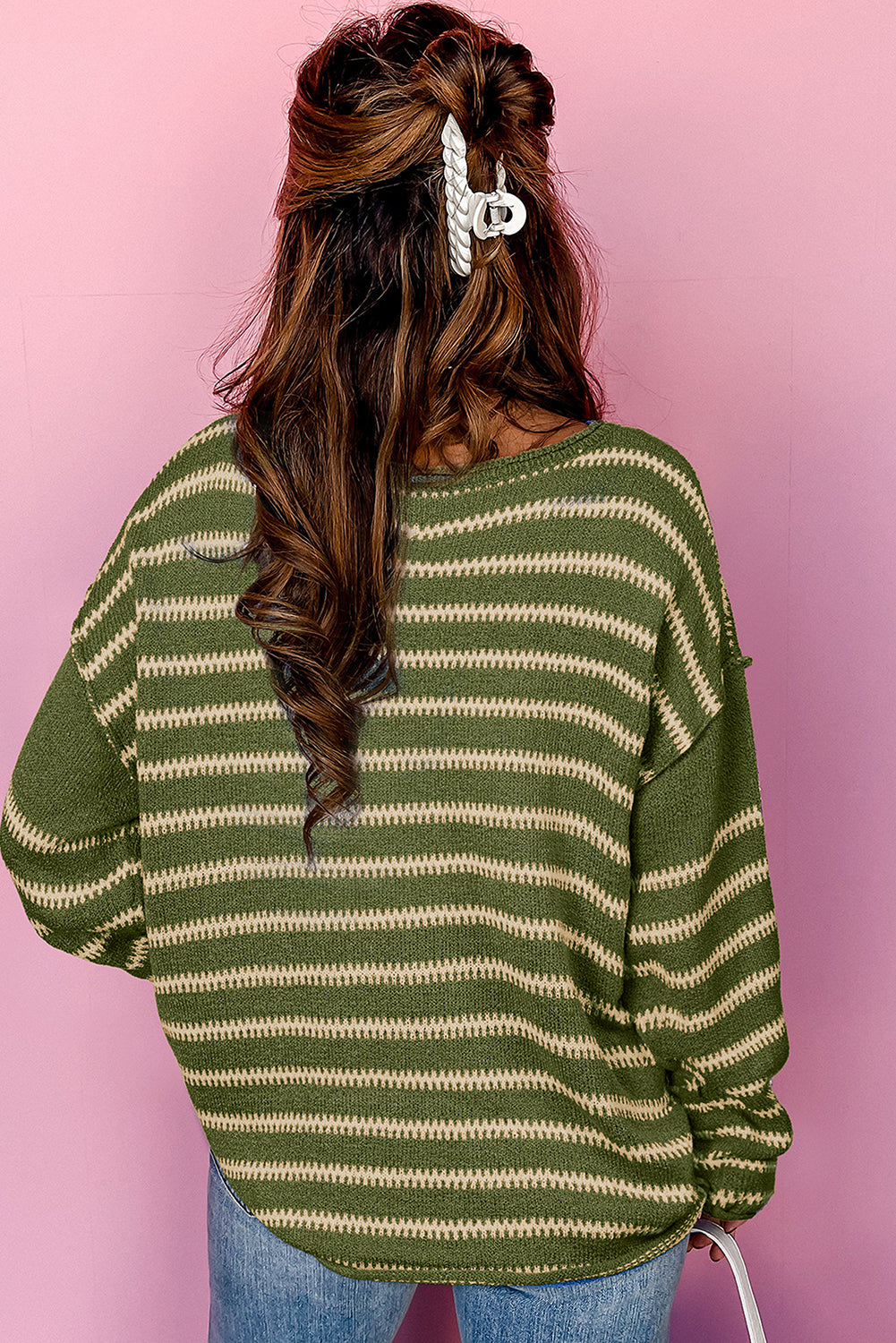 Brown Stripe Drop Shoulder Casual Sweater