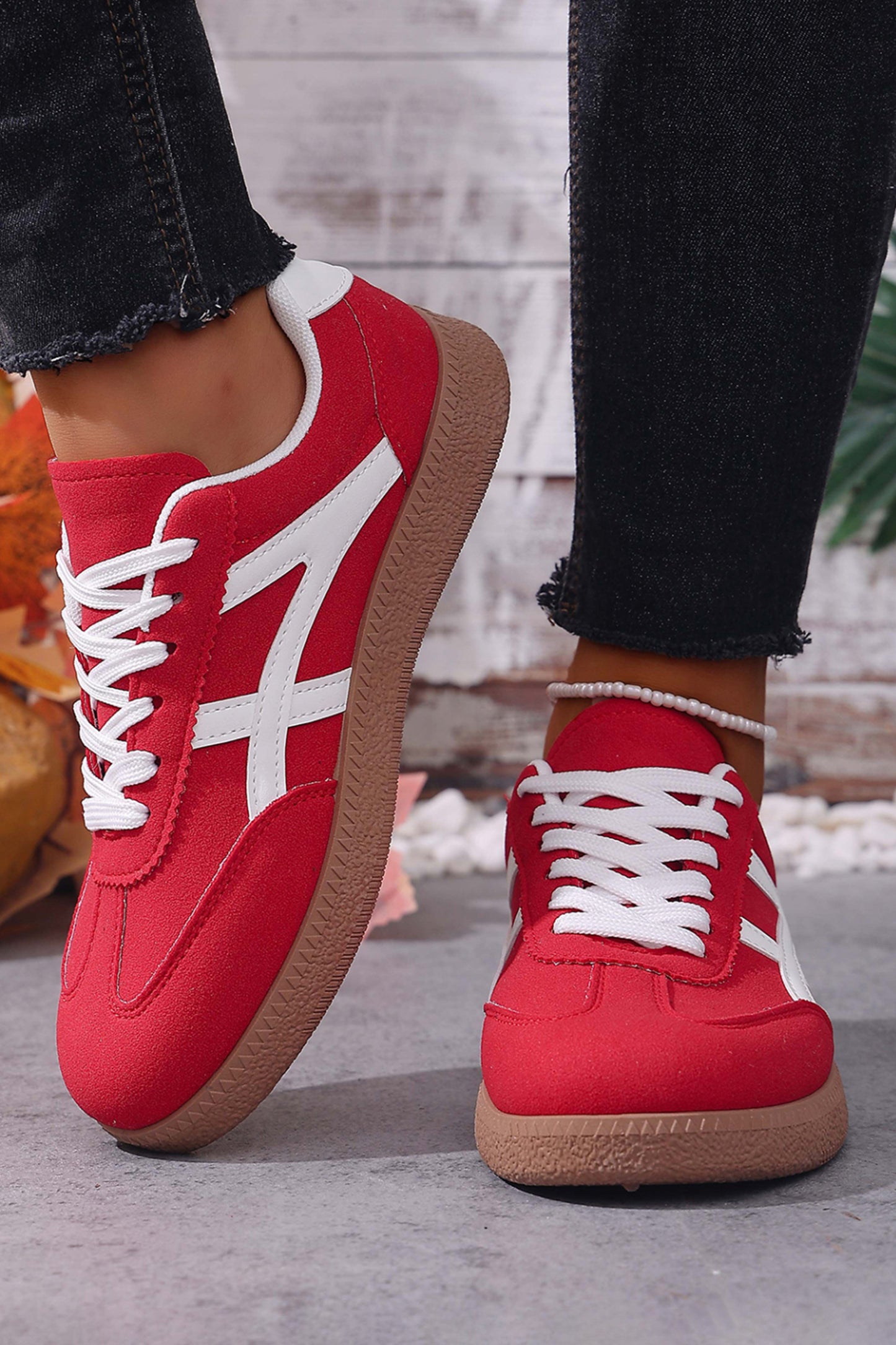 Racing Red Faux Suede Contrast Patchwork Detail Lace Up Flat Sneakers